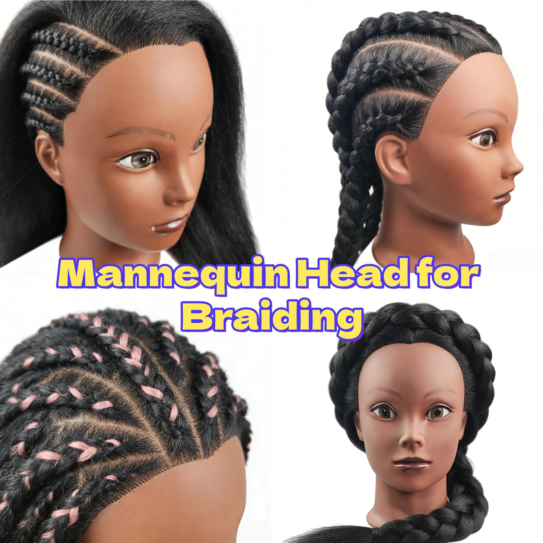 White Smoke Czrleaty Yaki Hair Mannequin Head for Braiding, Black Mannequin Head with Hair - 21" Training Doll Head for Kids Hair Styling or Braiding Practice