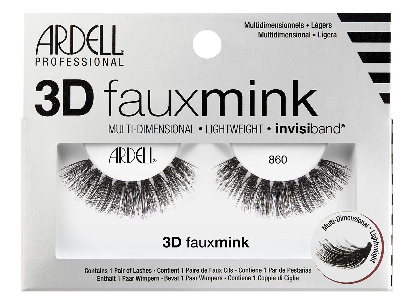 Light Gray Ardell False Eyelashes 3D Faux Mink Lashes, 860 - Lightweight Strip Lashes with Invisiband for a Dramatic Eye Look, 4 Pairs