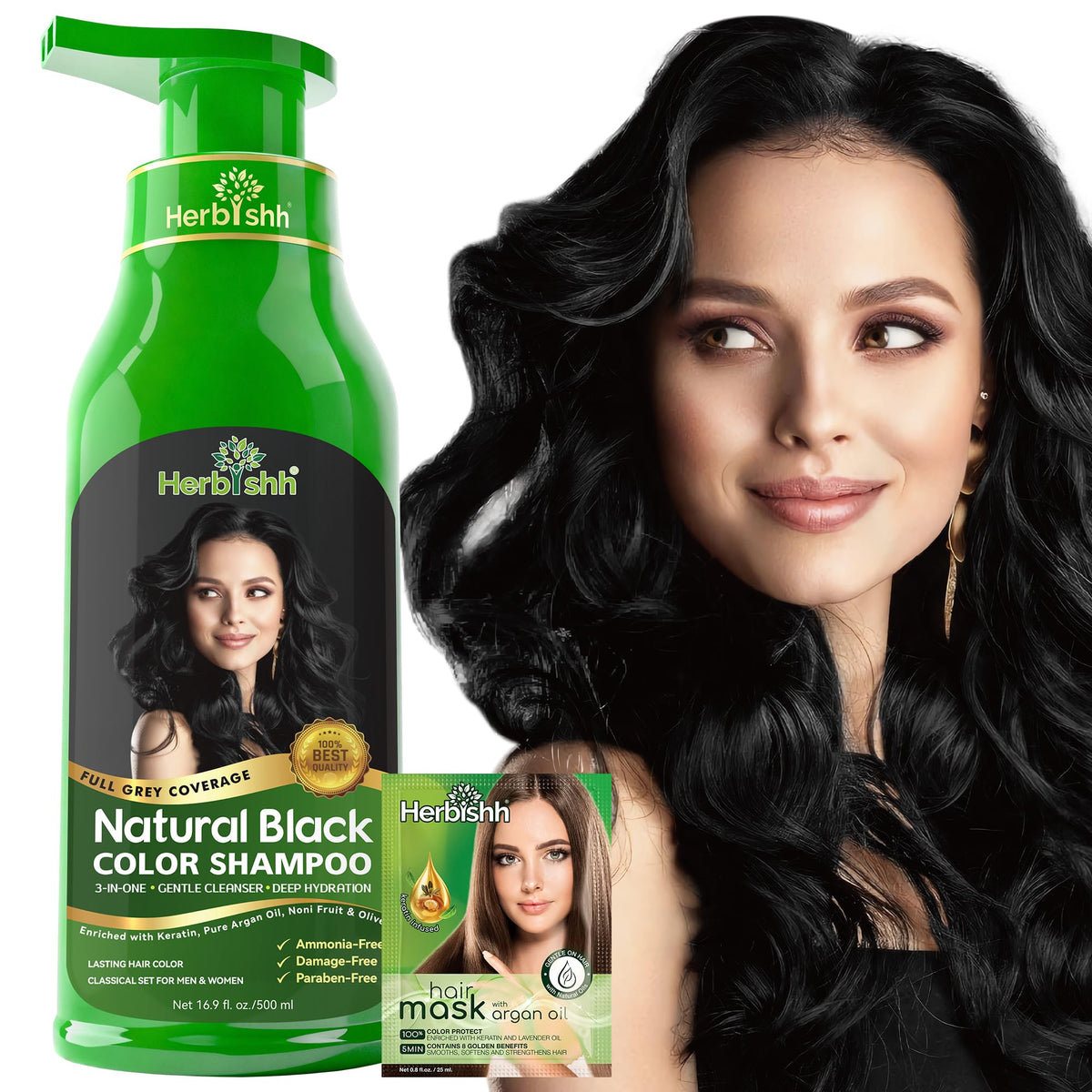 Black Herbishh Black Hair Dye Shampoo for Gray Hair Coverage 500ml