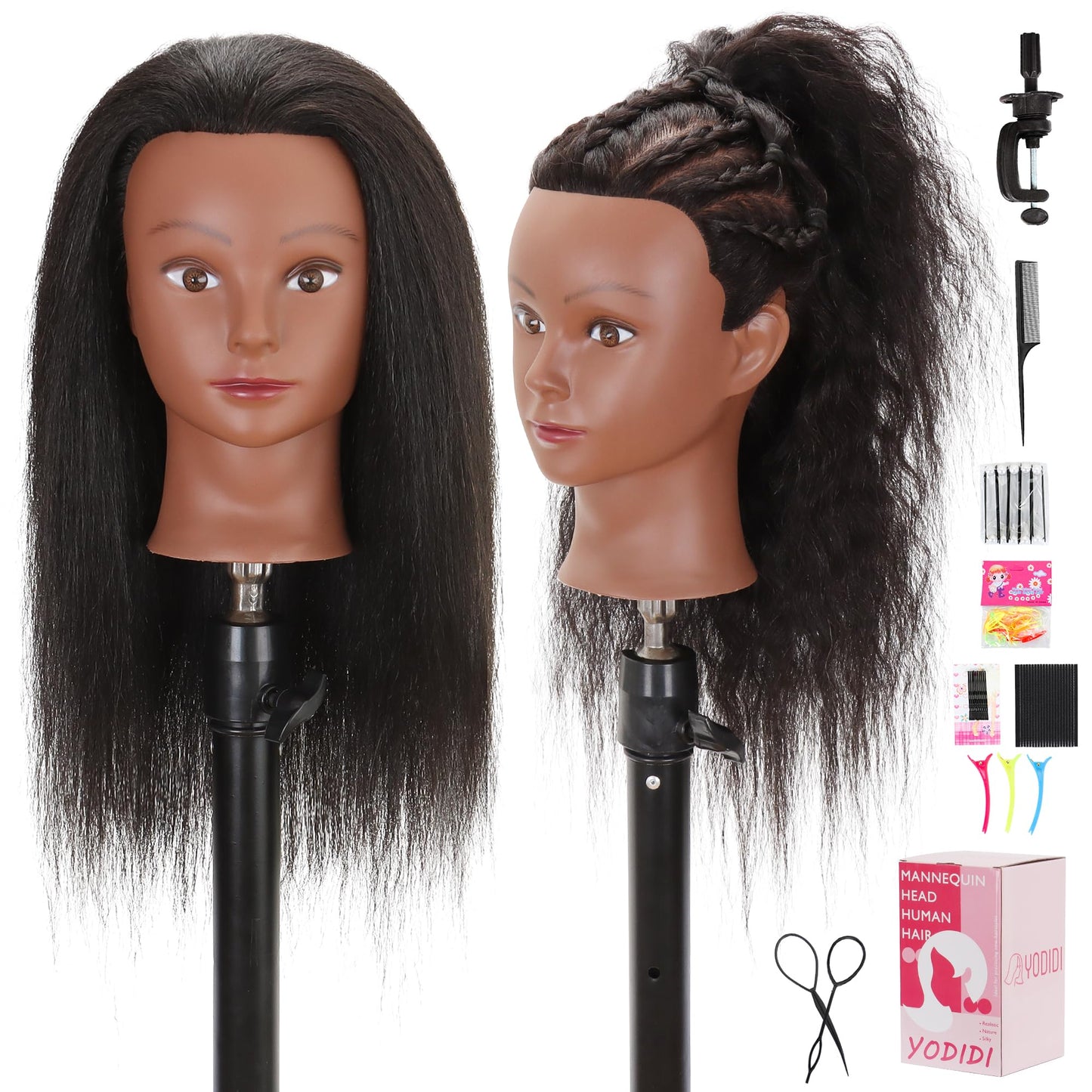 White Smoke YODIDI Mannequin Head with 100% Human Hair, Manikin Head Human Hair Cosmetology Doll Head for Hair Styling Hairdresser Practice Braiding with Table Clamp Stand and Tools (16 inch)