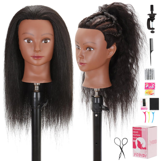 White Smoke YODIDI Mannequin Head with 100% Human Hair, Manikin Head Human Hair Cosmetology Doll Head for Hair Styling Hairdresser Practice Braiding with Table Clamp Stand and Tools (16 inch)