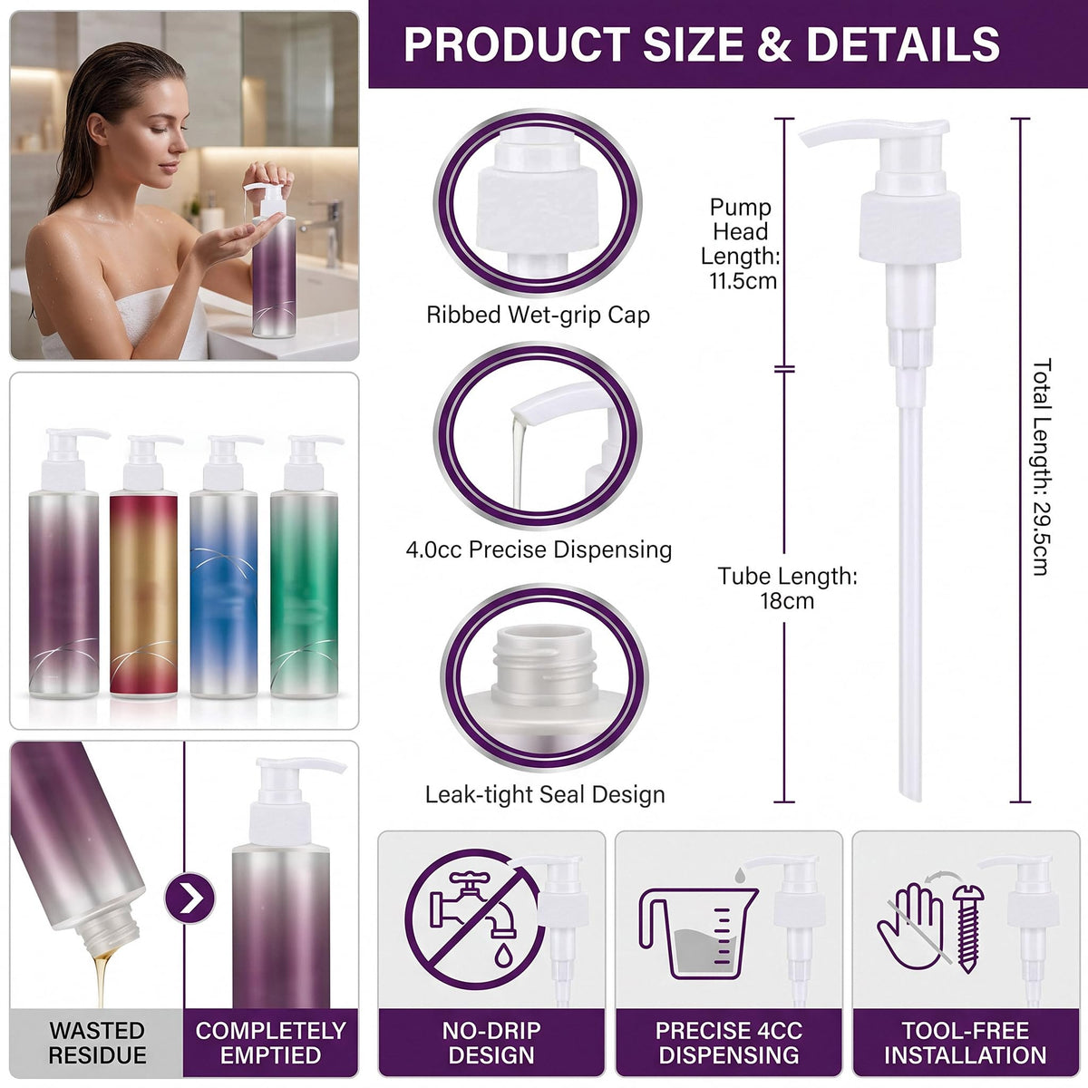 White Smoke 2 Pack Pump Dispenser Compatible with Joico Shampoo and Conditioner 1 L/33.8 Fl Oz Bottle, Liter Pump for Joico Shampoo Purple Clear Twist Lock Dispenser Pump