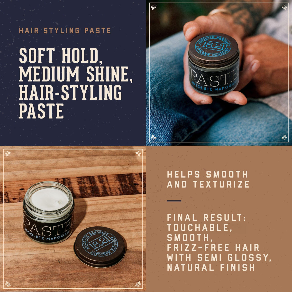 Sienna 18.21 Man Made Hair Styling Product, 2oz. Absolute Mahogany Scent in Paste with Natural Shine Finish