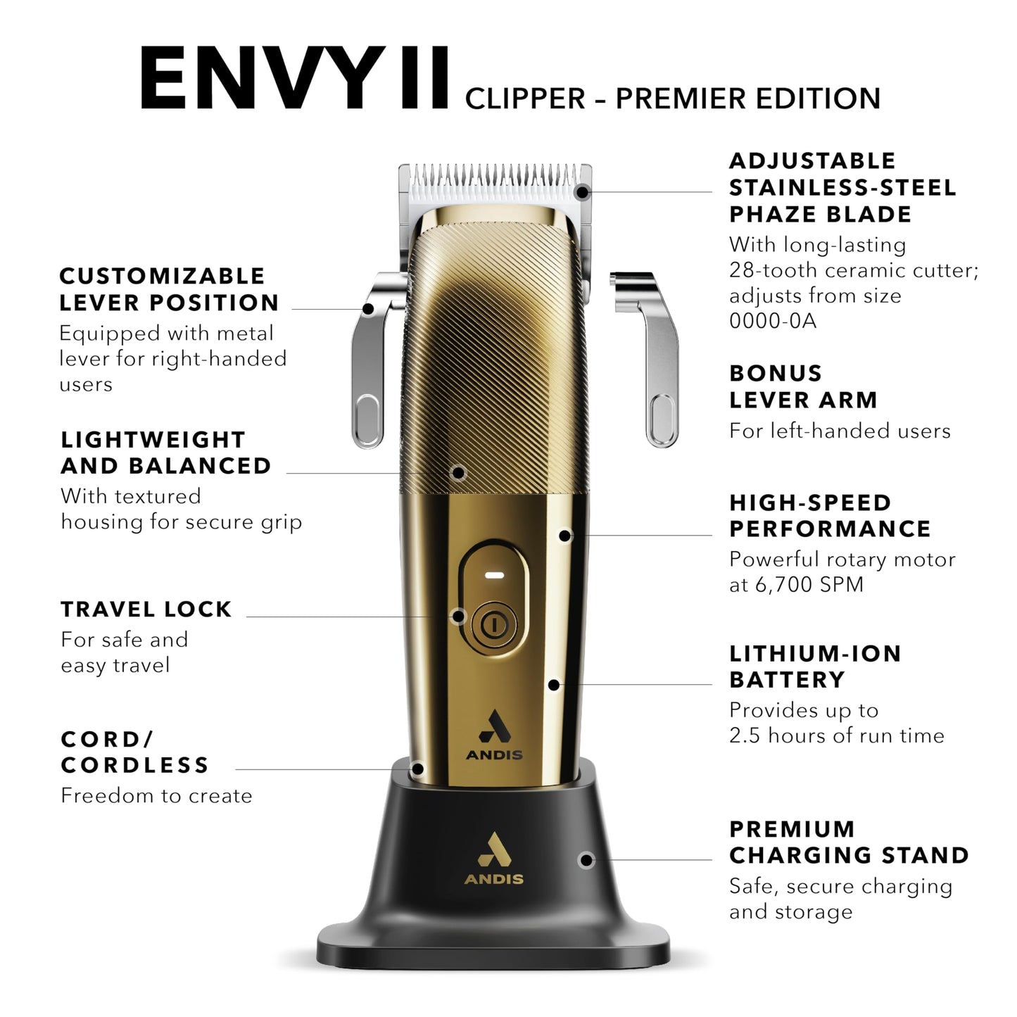 White Smoke Andis Envy II Cordless Clipper Premium Edition, Professional Lithium-ion Electric Beard & Hair Clipper, Phaze Blade, Cordless, Gold