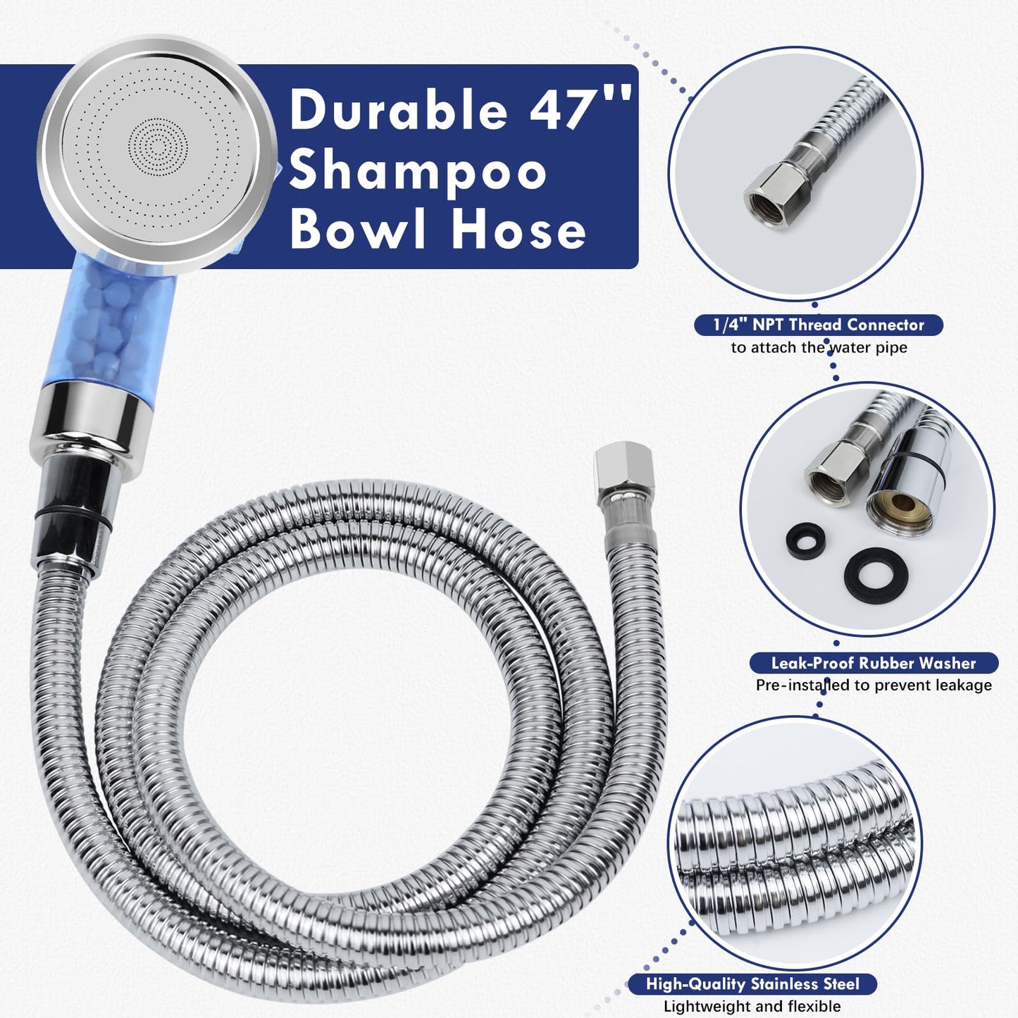 White Smoke LukLoy Blue Shampoo Bowl Sprayer Head with Filter, 1/4" Nut Shampoo Bowl Hose(Stainless Steel Material) for Portable Salon Sink, 3 Sprayer Modes & High Pressure