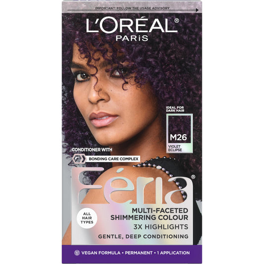 Black L’Oreal Paris Feria Midnight Bold Multi-Faceted Permanent Hair Dye, One-Step Hair Color Kit for Dark Hair, No Bleach Required, Violet Eclipse