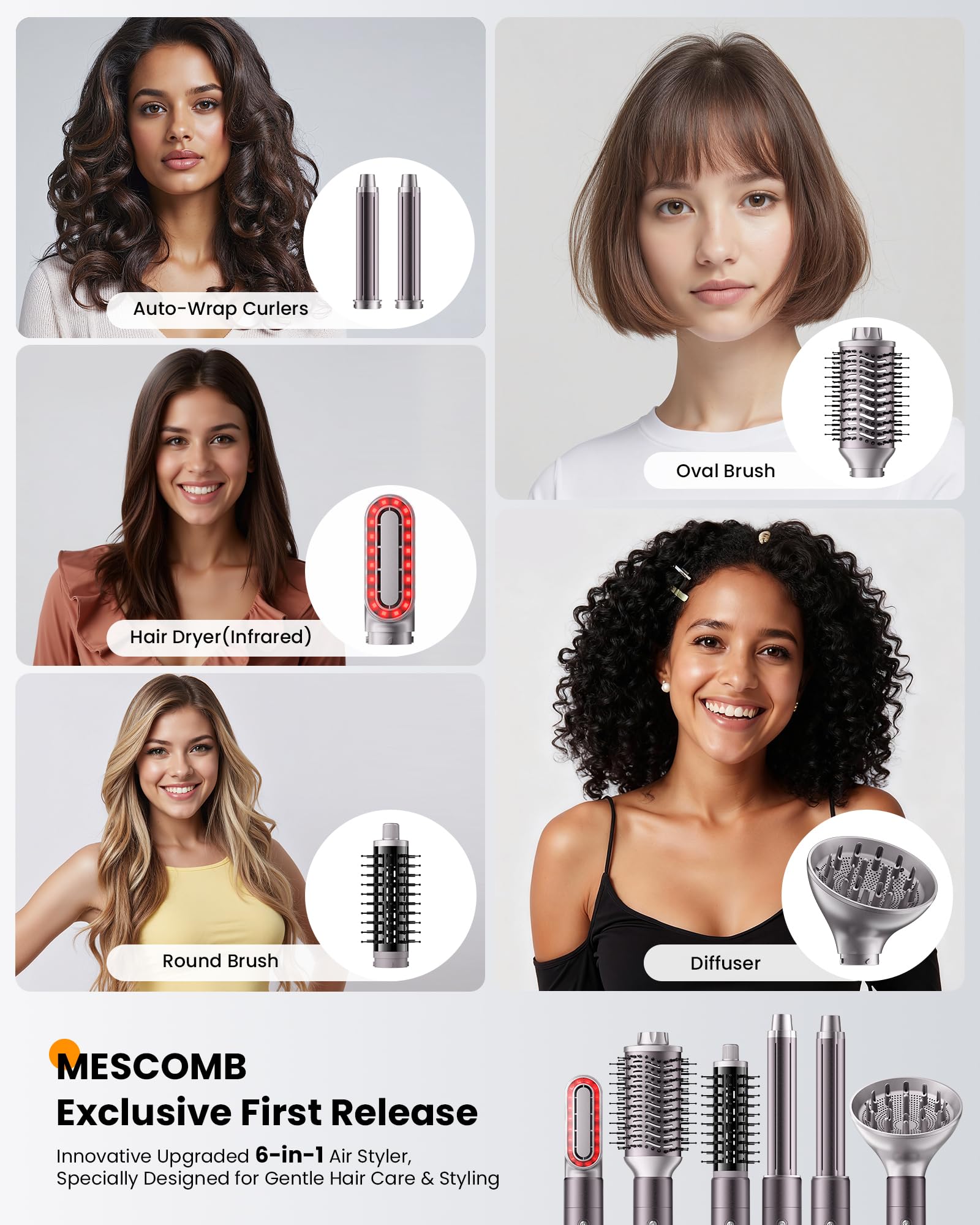 Light Gray MESCOMB Infrared 6 in 1 Hot Air Styler Wrap - Dual Voltage Hair Dryer| Fast Drying & No Heat Damage, Professional Multi-Styler for Curling, Volumizing & Smooth Straightening (110V-240V)