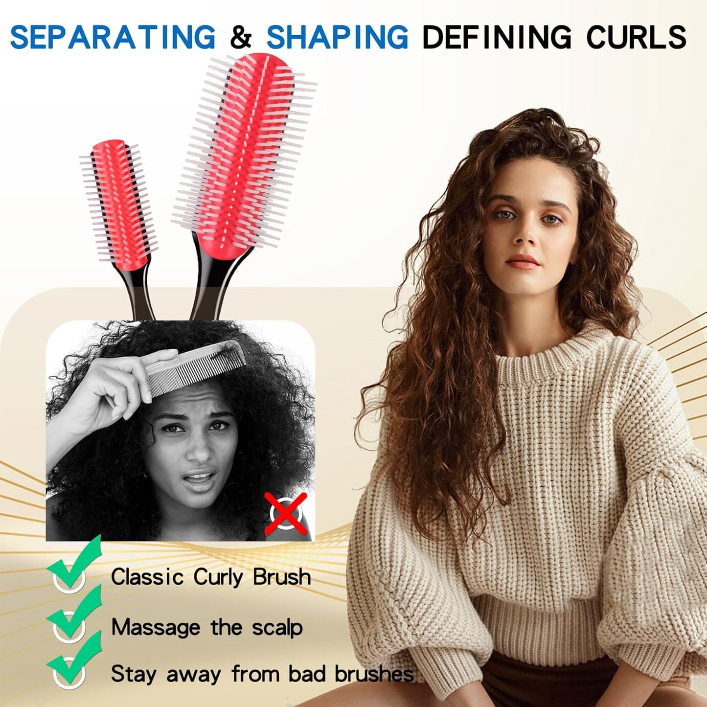 White Smoke Hair Brush for Women Men Curly Wet or Dry Hair Classic Detangling Brushes 7 Row for Natural Thick Hair, Blow Styling Separating, Shaping Defining Curls Tools Travel Bristle Black Hairbrush