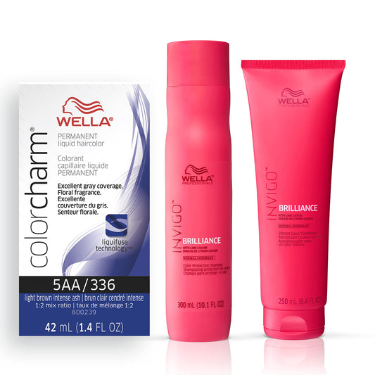 White Smoke Wella Professionals Invigo Brilliance Color Protection Shampoo & Conditioner, For Fine Hair + Wella ColorCharm Permanent Liquid Hair Color for Gray Coverage, 5AA Light Brown Intense Ash