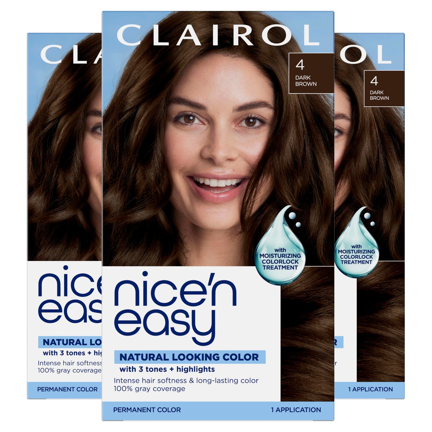 Black Clairol Nice'n Easy Permanent Hair Dye, 4 Dark Brown Hair Color, Pack of 3