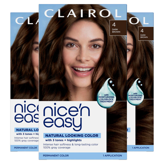 Black Clairol Nice'n Easy Permanent Hair Dye, 4 Dark Brown Hair Color, Pack of 3
