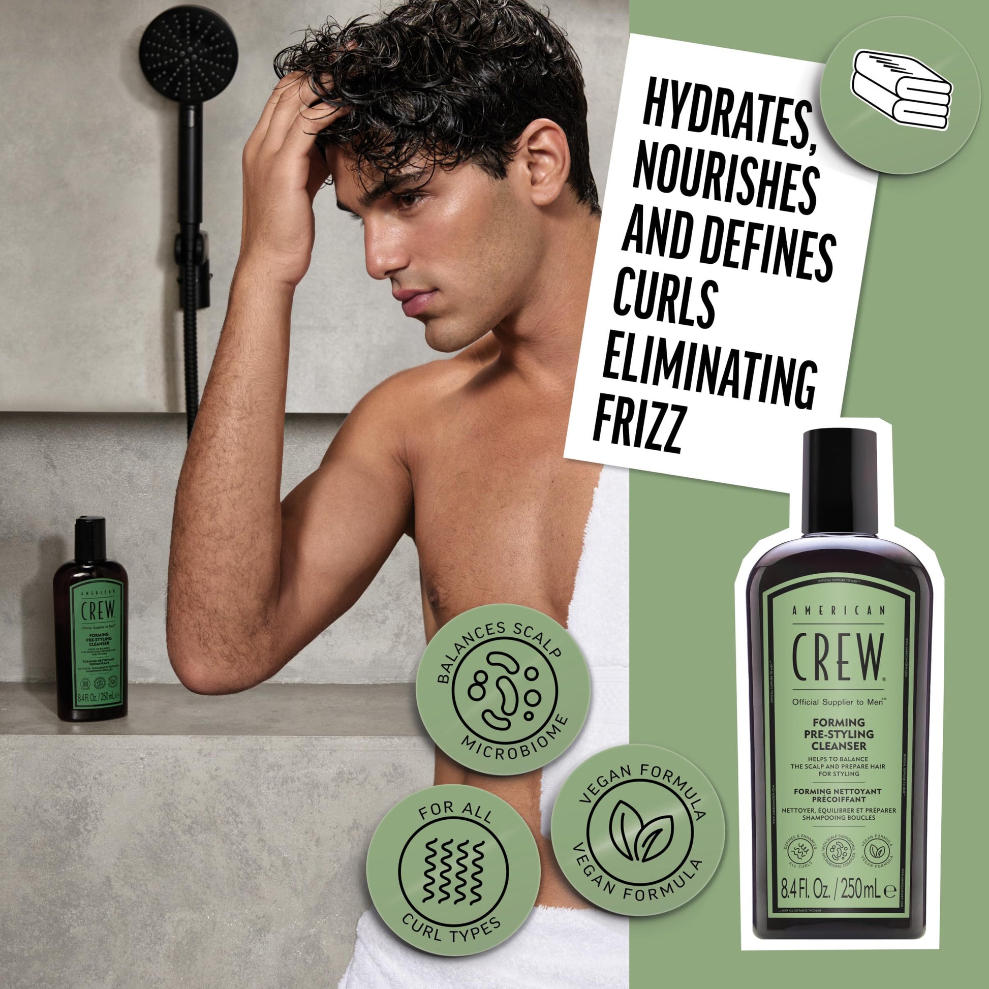 Dark Gray AMERICAN CREW Men's Pre-Styler Forming Shampoo for Textured & Curly Hair, Anti-Frizz & Curl Defining, With Jojoba Oil, Vegan, 8.5 fl oz