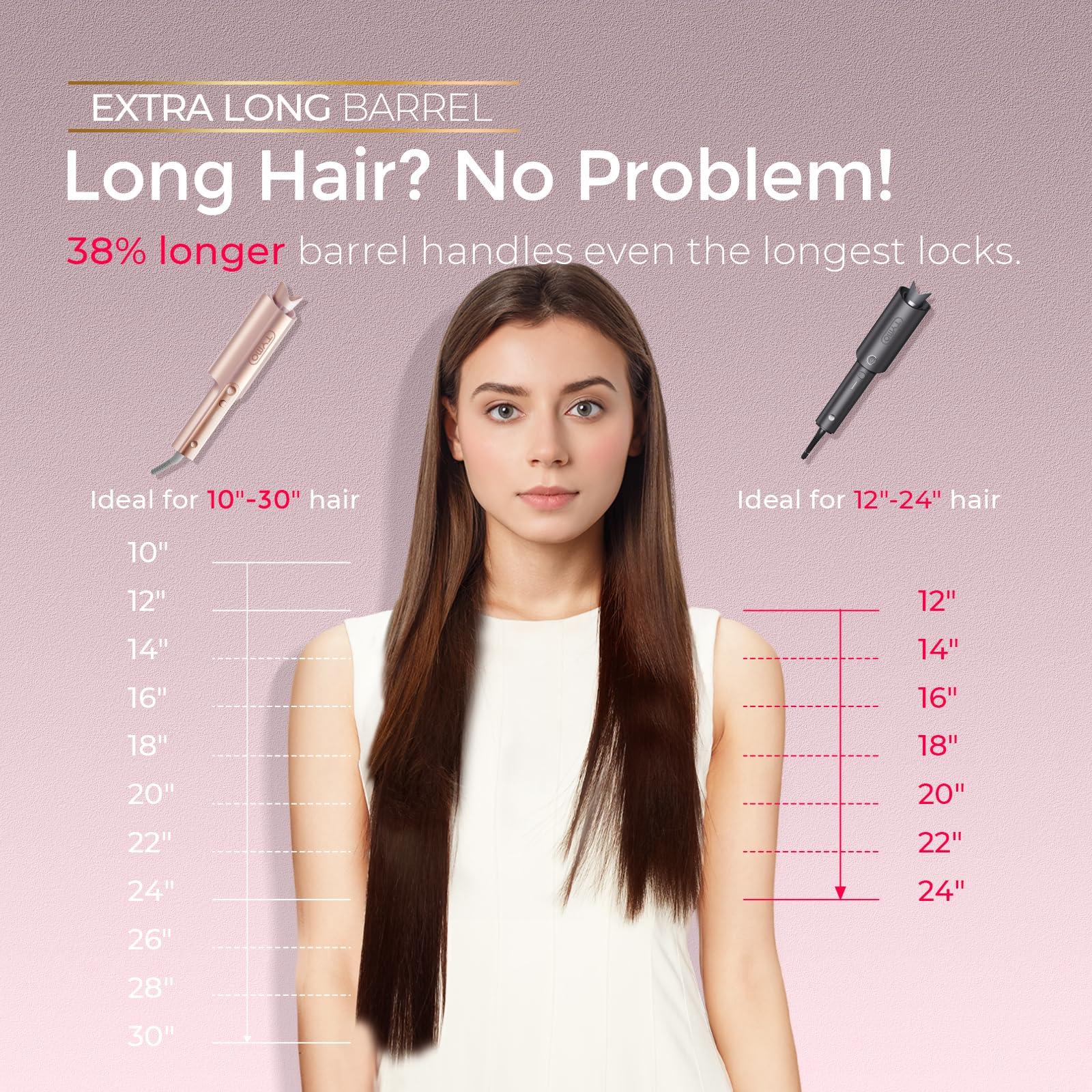 Gray TYMO CurlPro Plus Automatic Rotating Curling Iron - Upgraded Long Barrel Curling Wand for Long Hair, Ceramic Hair Curler for Women, Anti-Scald, 600M Ionic, Dual Voltage, Gold Blush, 1 1/4 Inch