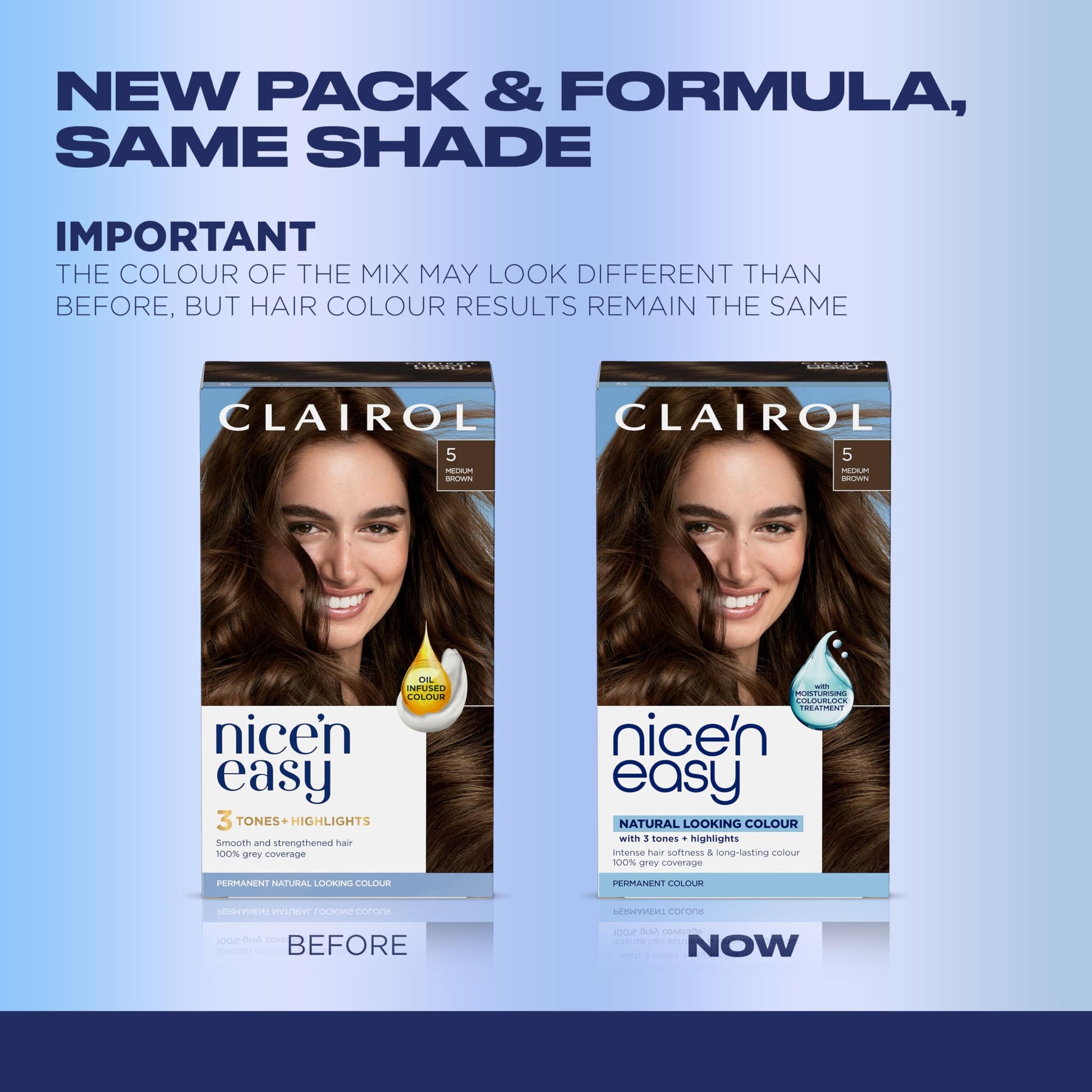 Powder Blue Clairol Nice'n Easy Permanent Hair Dye, 5 Medium Brown Hair Color, Pack of 1 - Packaging May Vary
