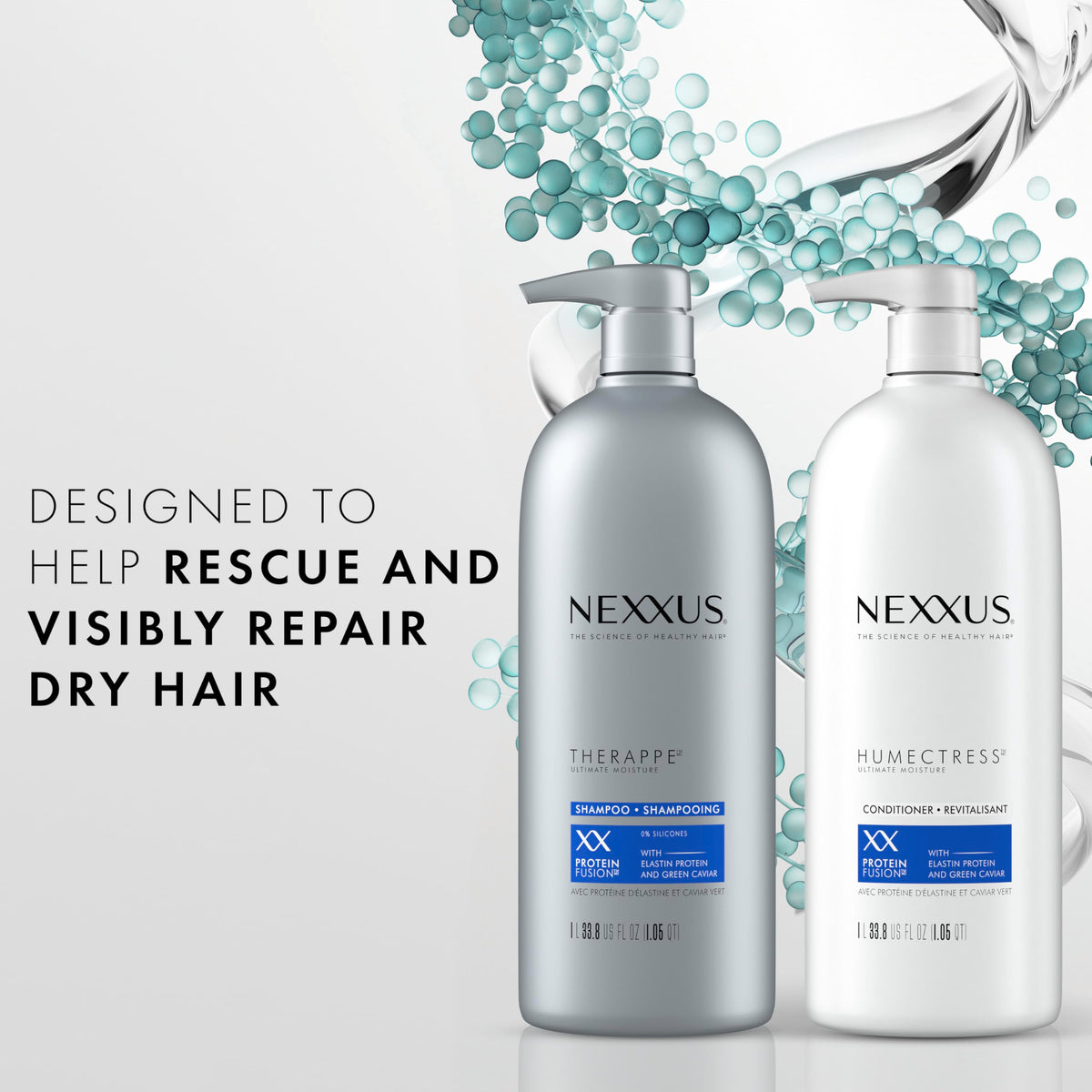Lavender Nexxus Shampoo and Conditioner and 3 Hair Treatment Masks Therappe Humectress 5 Pack for Dry Hair Silicone-Free, Moisturizing Caviar Complex and Elastin Protein 33.8 oz & 1.5 oz