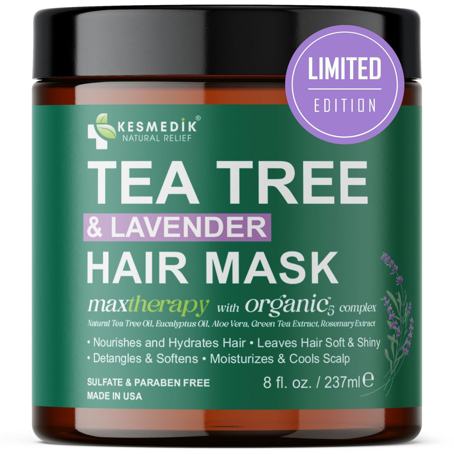 Dim Gray KESMEDIK Tea Tree Hair Mask with Rosemary & Lavender, Deep Conditioning Treatment for Dry, Damaged, Coarse Hair, Hydrating Hair Mask with Itchy Scalp Relief, Men & Women, Sulfate-Free