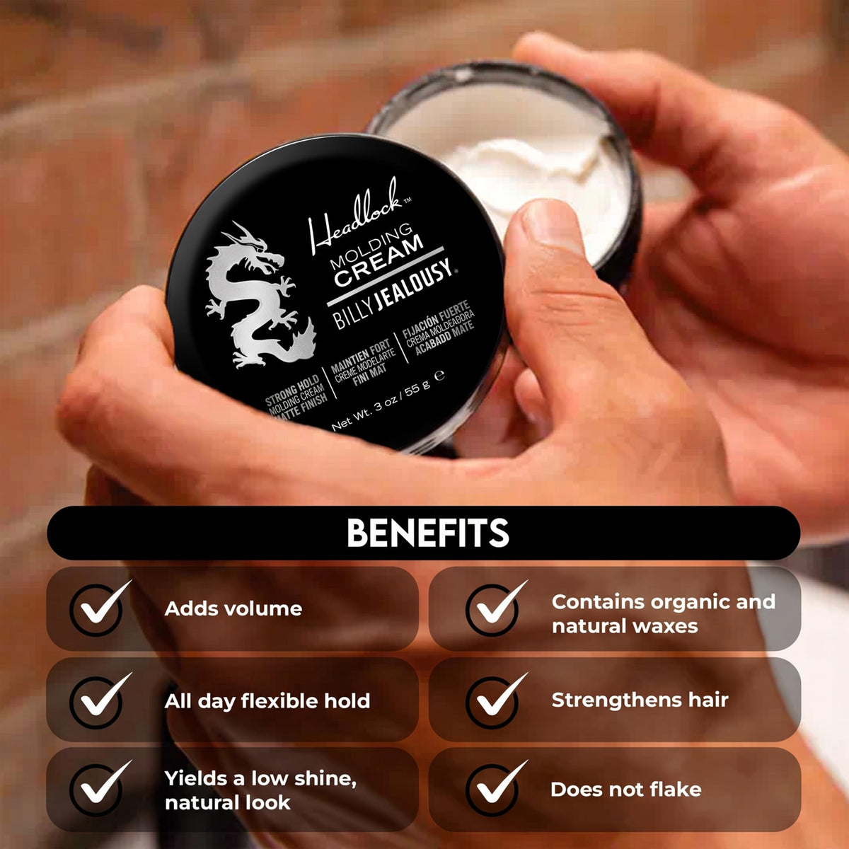 Black Billy Jealousy Headlock Hair Molding Cream, Hair Styling Cream for Men with Strong All-Day Hold, Natural Matte Finish Styling Agent for All Lengths, 3 Ounce