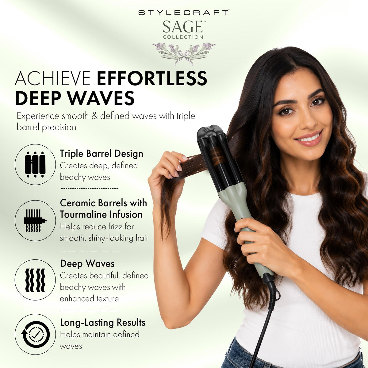 White Smoke StyleCraft Sage Ceramic Triple Barrel Hair Waver for Effortless Deep Waves