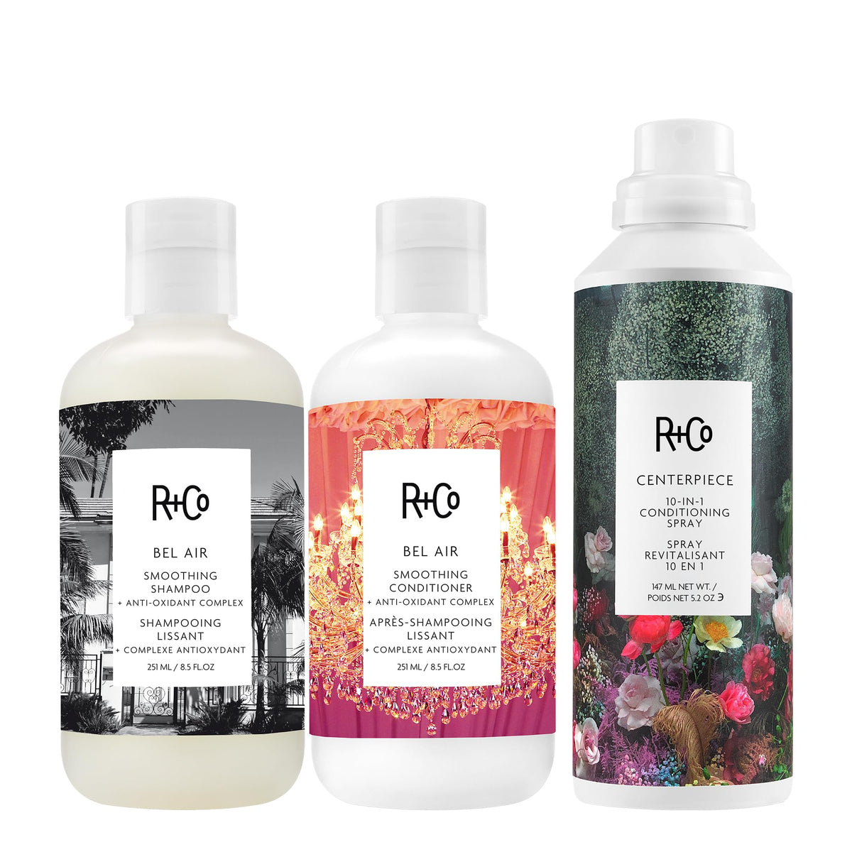 White Smoke R+Co BEL AIR Shampoo, Conditioner & HOT SPELL ThermoTech Blow Out Balm Bundle – Frizz Control, Smoothness & Heat Protection up to 450°F – Vegan & Cruelty-Free Hair Care Set