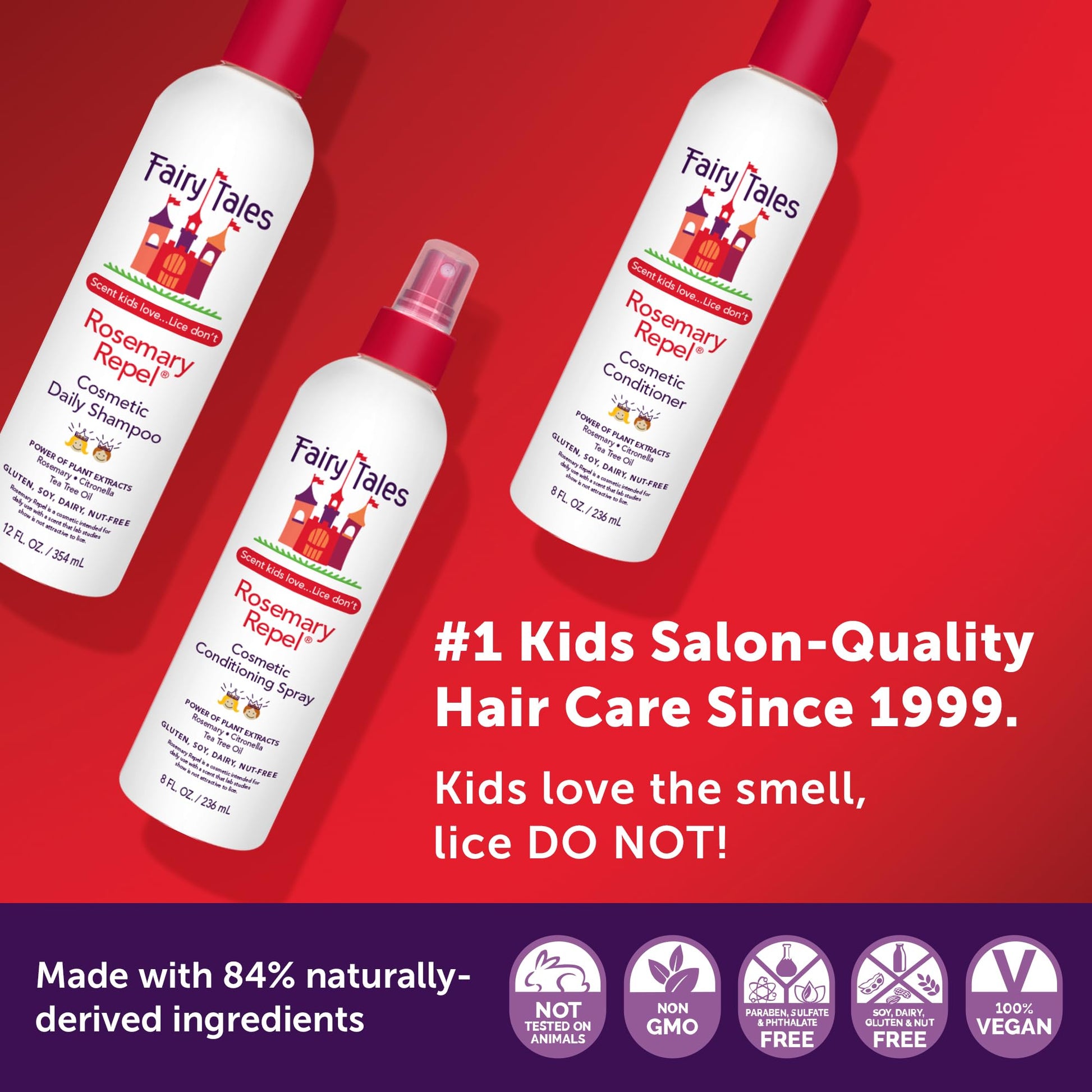 Red Fairy Tales Rosemary Repel Shampoo 12oz, Conditioner 8oz, Conditioning Spray 8oz, plus Daily Cleanse Shampoo 12oz, and Daily Cleanse Conditioner 12oz | Everyday Kids Shampoo and Conditioner Bundle