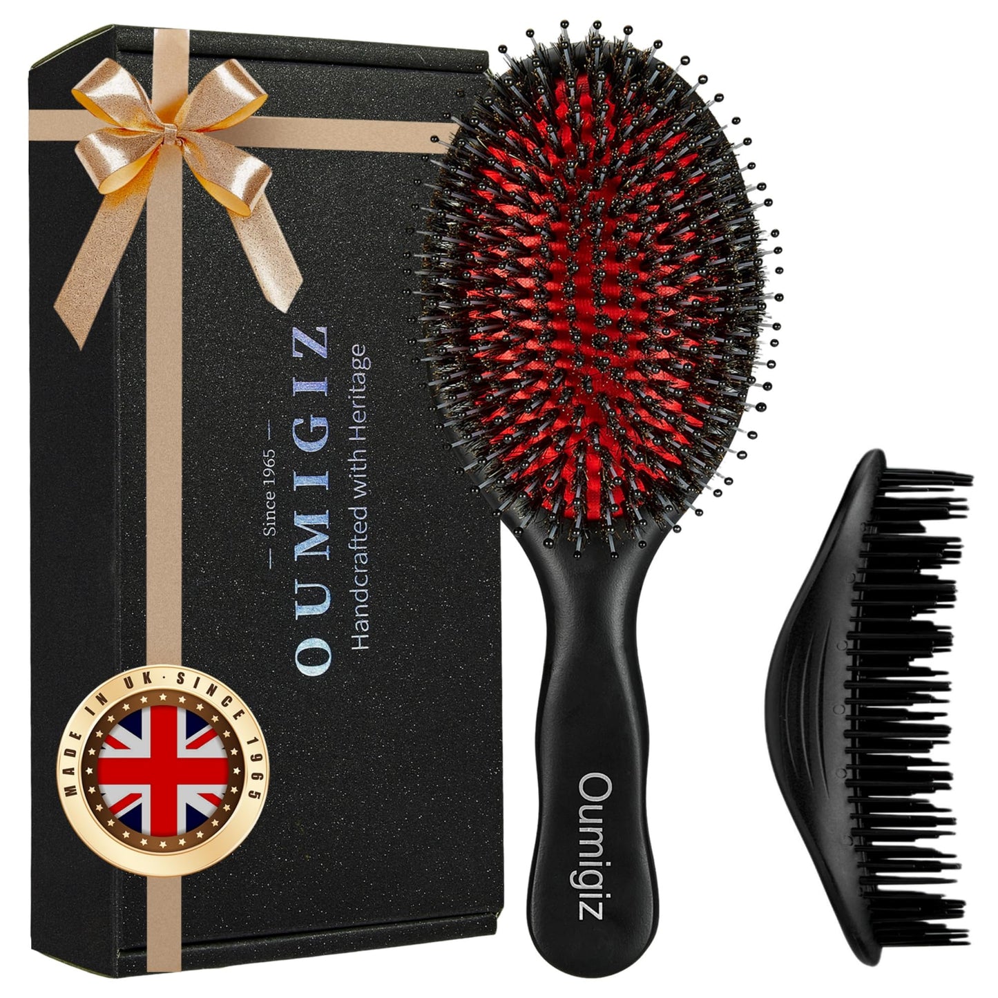White Smoke OUMIGIZ Boar Bristle Hair Brush Since 1965 British Craftsmanship, Handmade Natural Wood Slick Back Hairbrush, Soft Bristles Gentle Detangling Smoothing Women Men Kids Long Curly Thick,Thin, Fine Hair