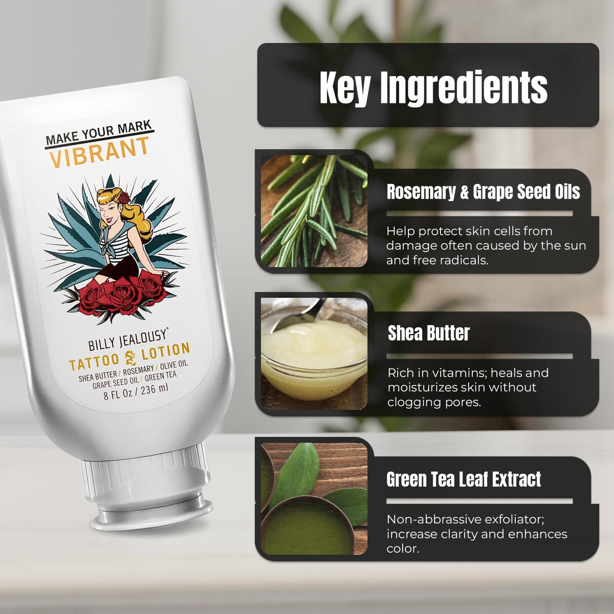 Light Gray Billy Jealousy Tattoo Lotion for All Skin Types Formulated with Shea Butter, Essential Oils & Green Tea Leaf Extract, Tattoo Aftercare that Nourishes, Brightens & Soothes, 8 Fl Oz
