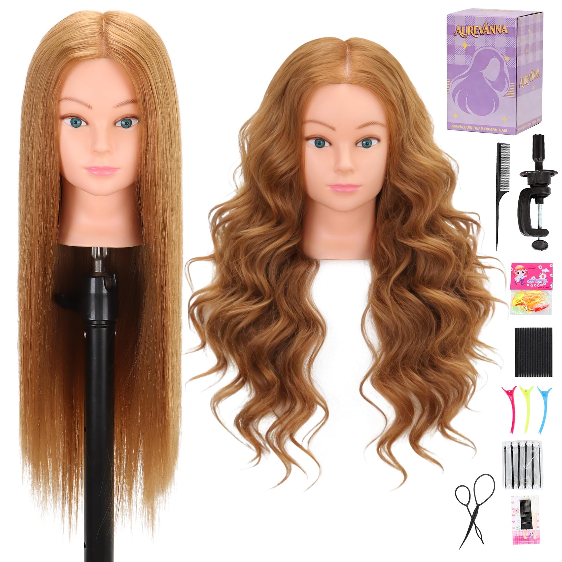 White Smoke Mannequin Head with 80% Real Hair for Cosmetology, 26-28" Light Brown Hairdresser Training Head with Clamp Holder and Tool (Blonde)