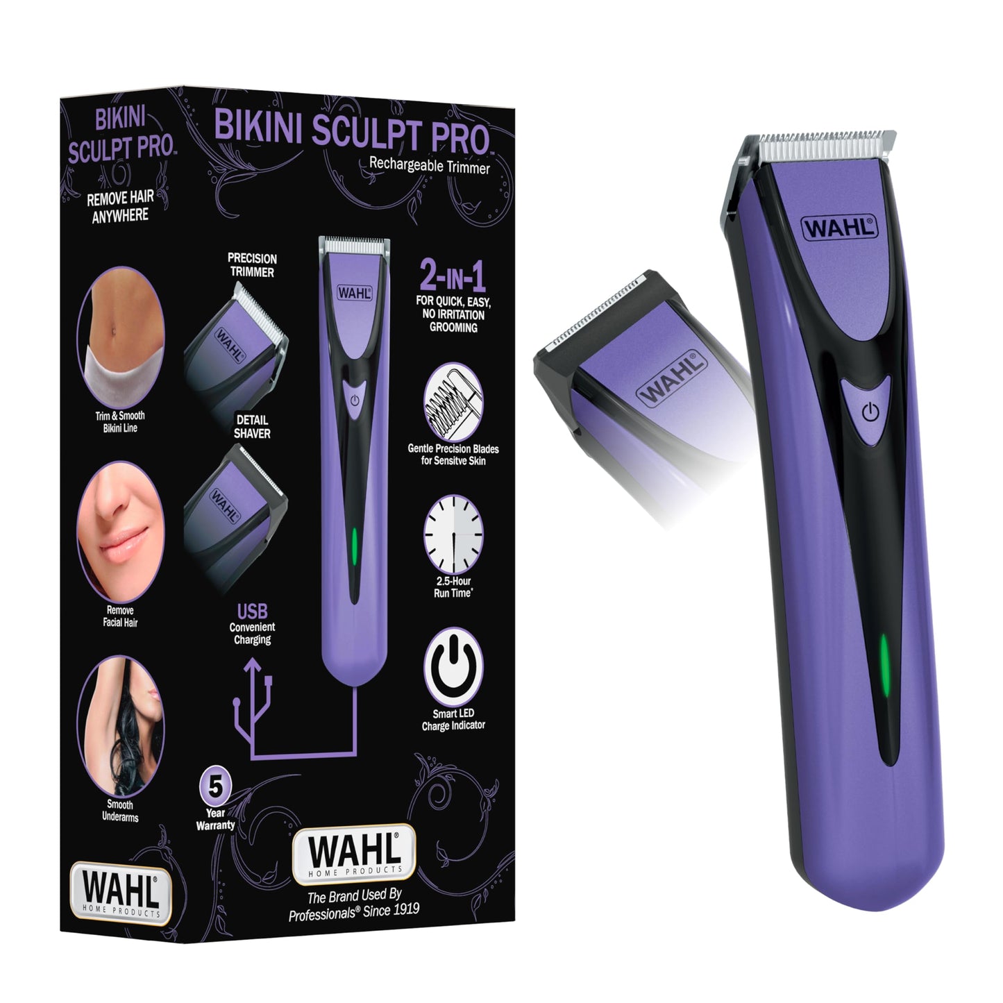 White Smoke Wahl Bikini Sculpt Pro 2 in 1 USB Rechargeable Lithium-Ion Electric Shaver and Bikini Trimmer for Women - Face, Legs, Underarm, & Pubic Hair Removal Device - Model 3026004