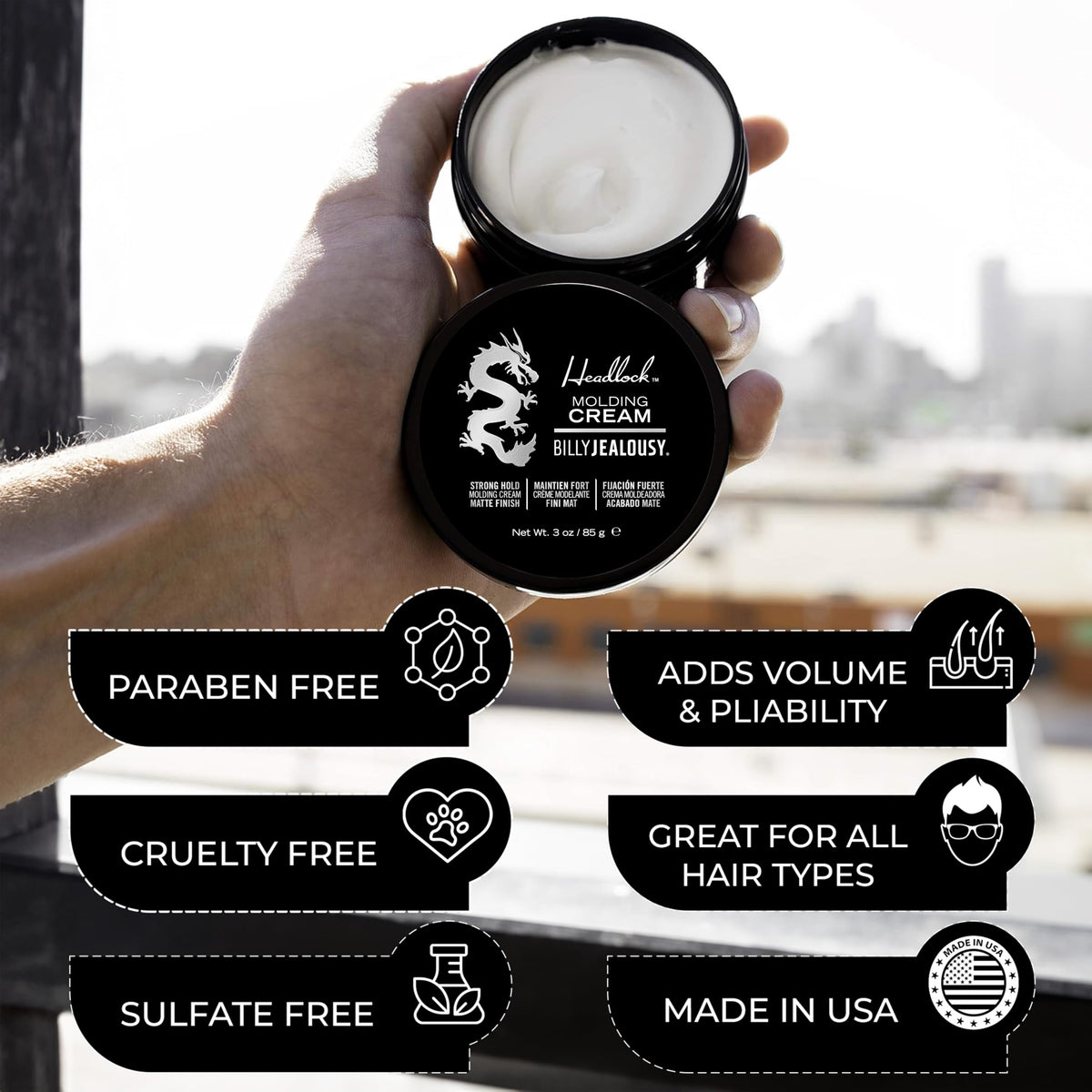 White Smoke Billy Jealousy Headlock Hair Molding Cream, Hair Styling Cream for Men with Strong All-Day Hold, Natural Matte Finish Styling Agent for All Lengths, 3 Ounce