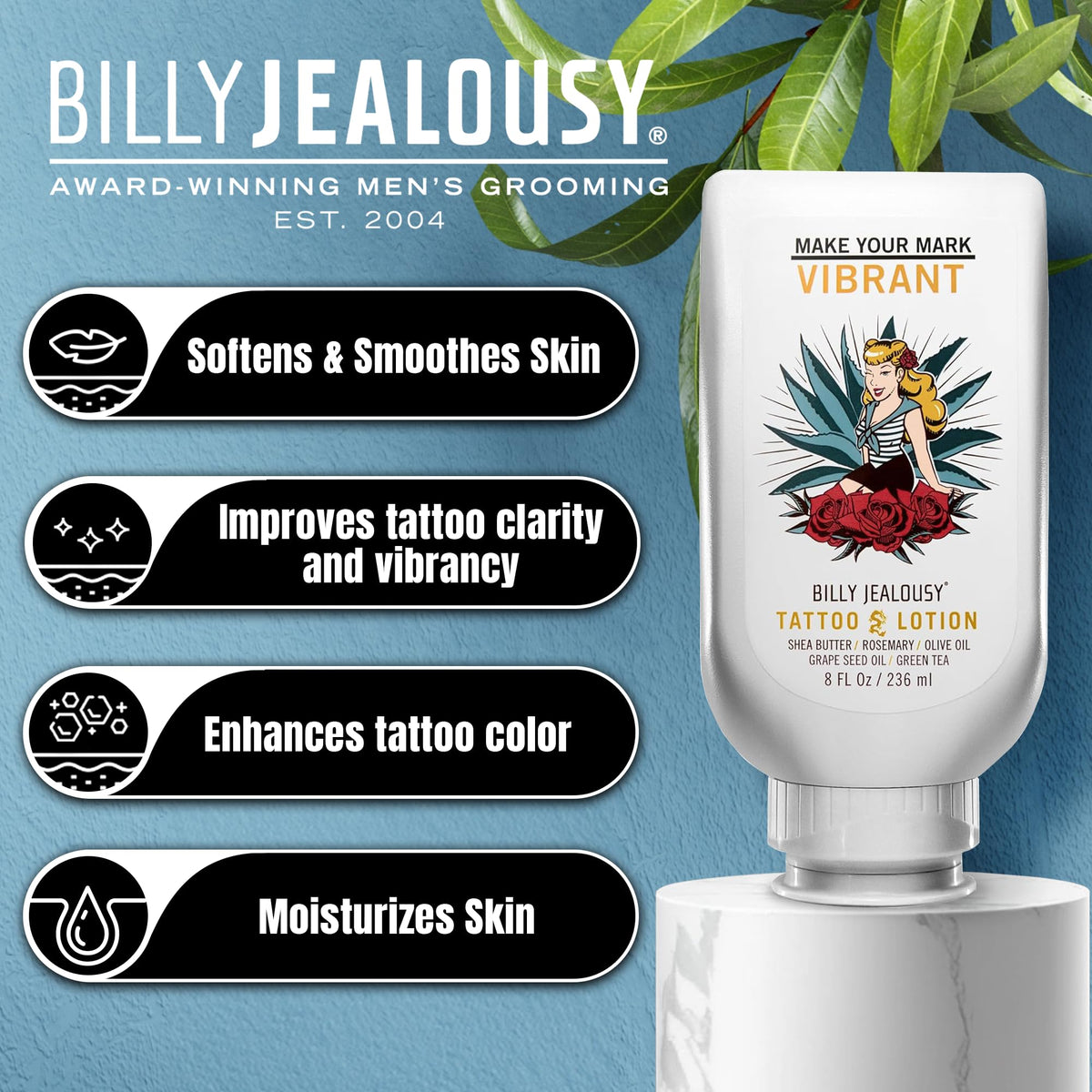 Black Billy Jealousy Tattoo Lotion for All Skin Types Formulated with Shea Butter, Essential Oils & Green Tea Leaf Extract, Tattoo Aftercare that Nourishes, Brightens & Soothes, 8 Fl Oz
