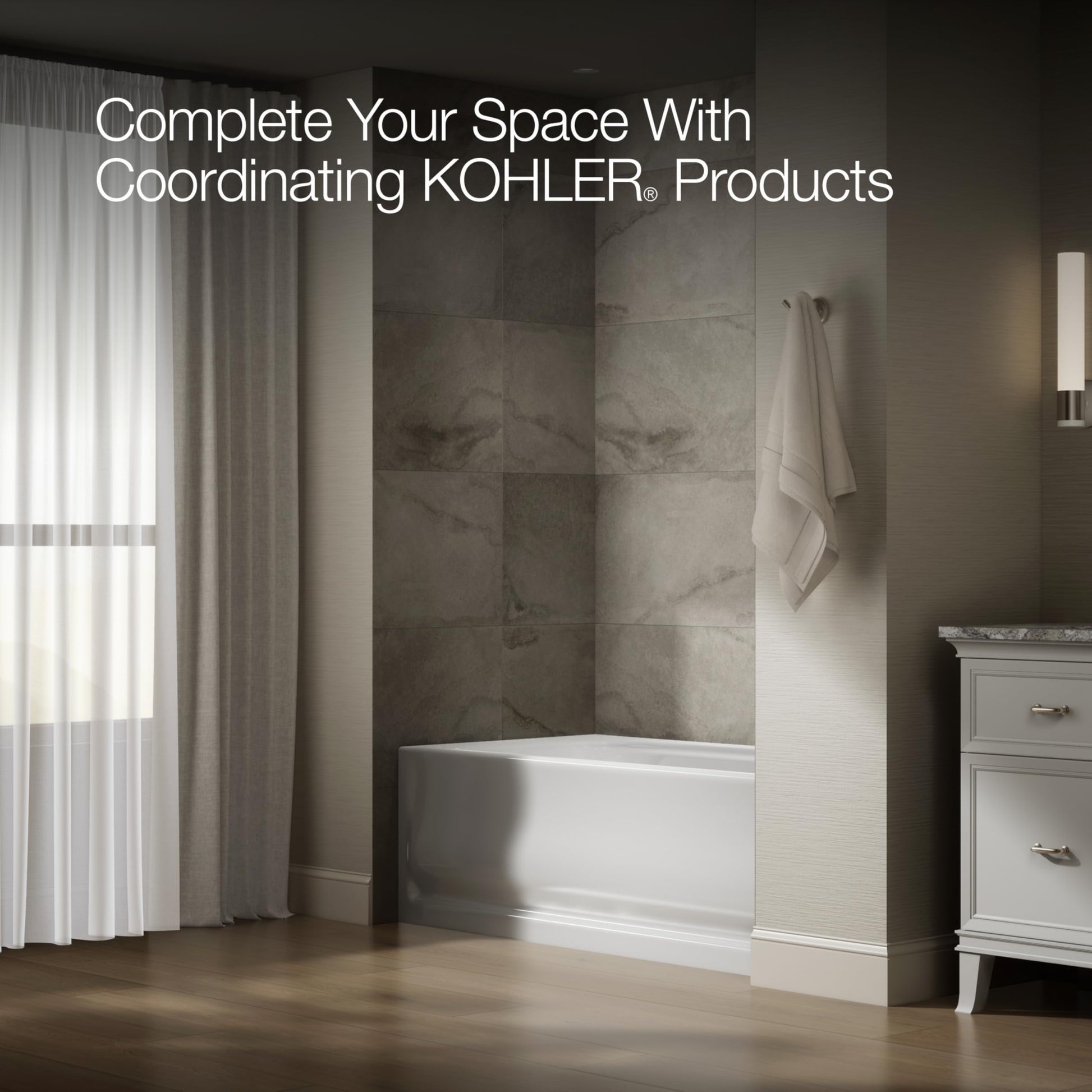 Dark Olive Green KOHLER 1150-RA-0 Bancroft 60" x 32" Acrylic Alcove Bathtub with Integral Flange and Right Hand Drain, Integral Apron, White