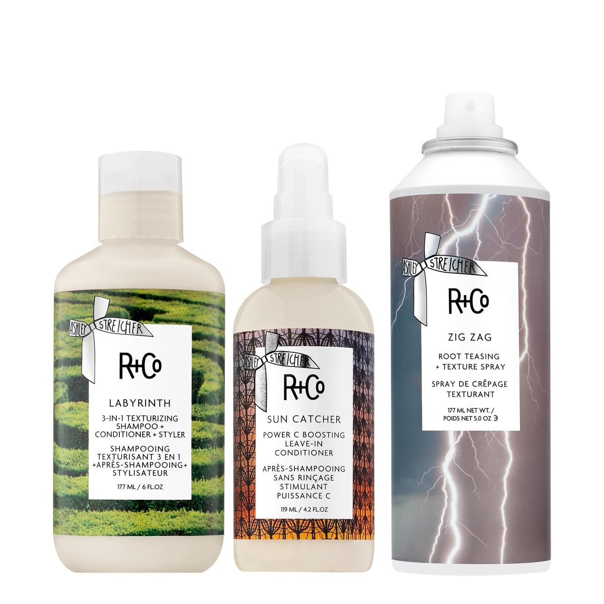 White Smoke R+Co LABYRINTH 3-in-1 Texturizing Shampoo + Conditioner + Styler