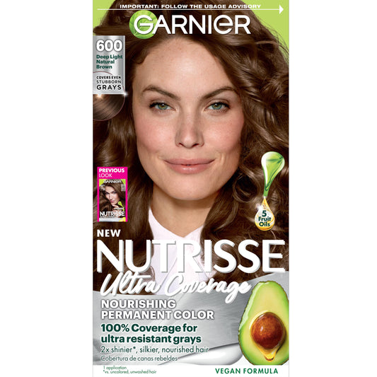 Black Garnier Nutrisse Ultra Coverage Hair Color, Permanent Hair Dye for Up to 8 Weeks of Stubborn Gray Coverage, Vegan & Cruelty-Free, 600 Deep Light Natural Brown (Spiced Hazelnut), 1 Count