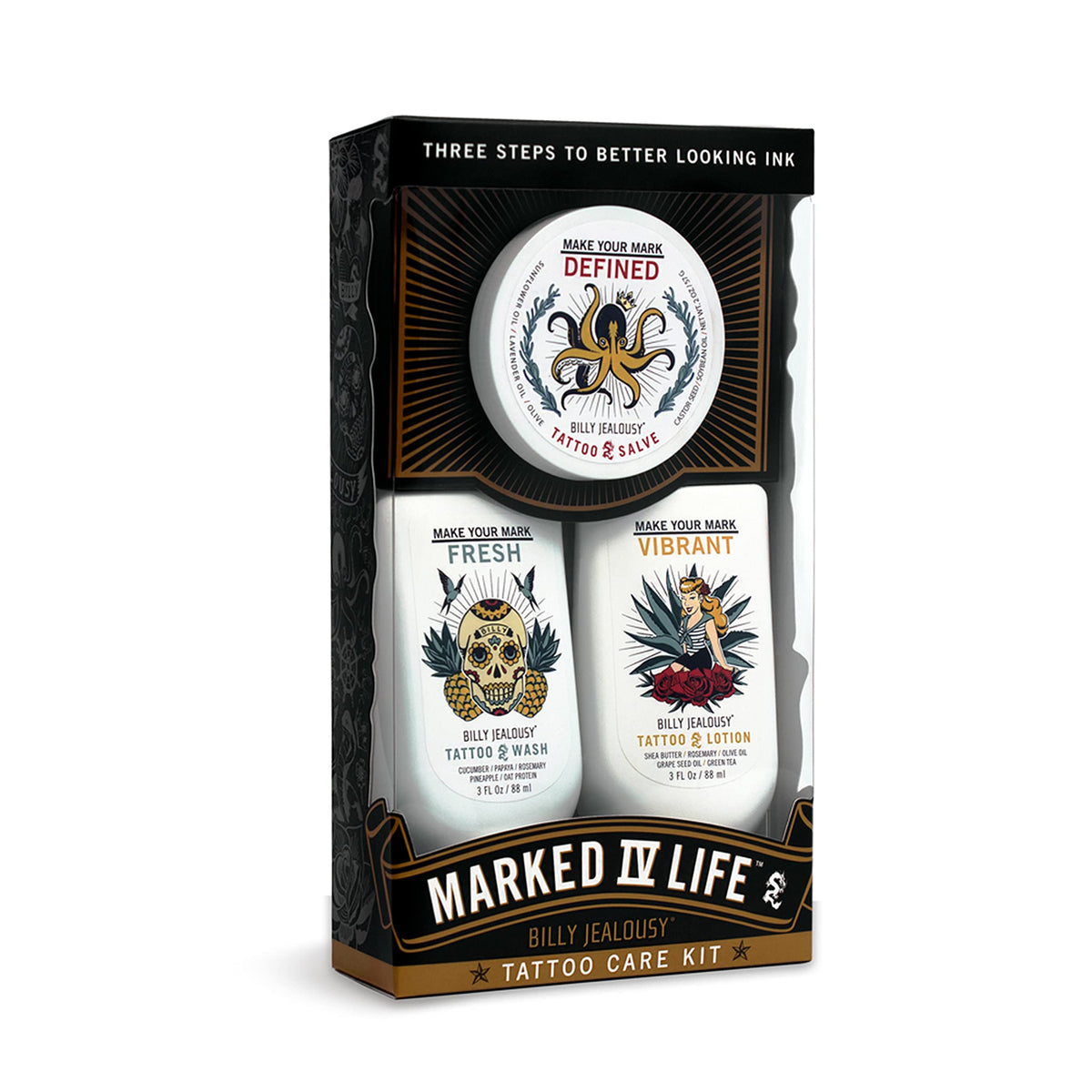 White Smoke Billy Jealousy Marked IV Complete Tattoo Care Kit, Make Your Mark Defined, Fresh and Vibrant, Includes Aftercare Ink Salve, Brightening Soap and Moisturizing Tattoo Lotion