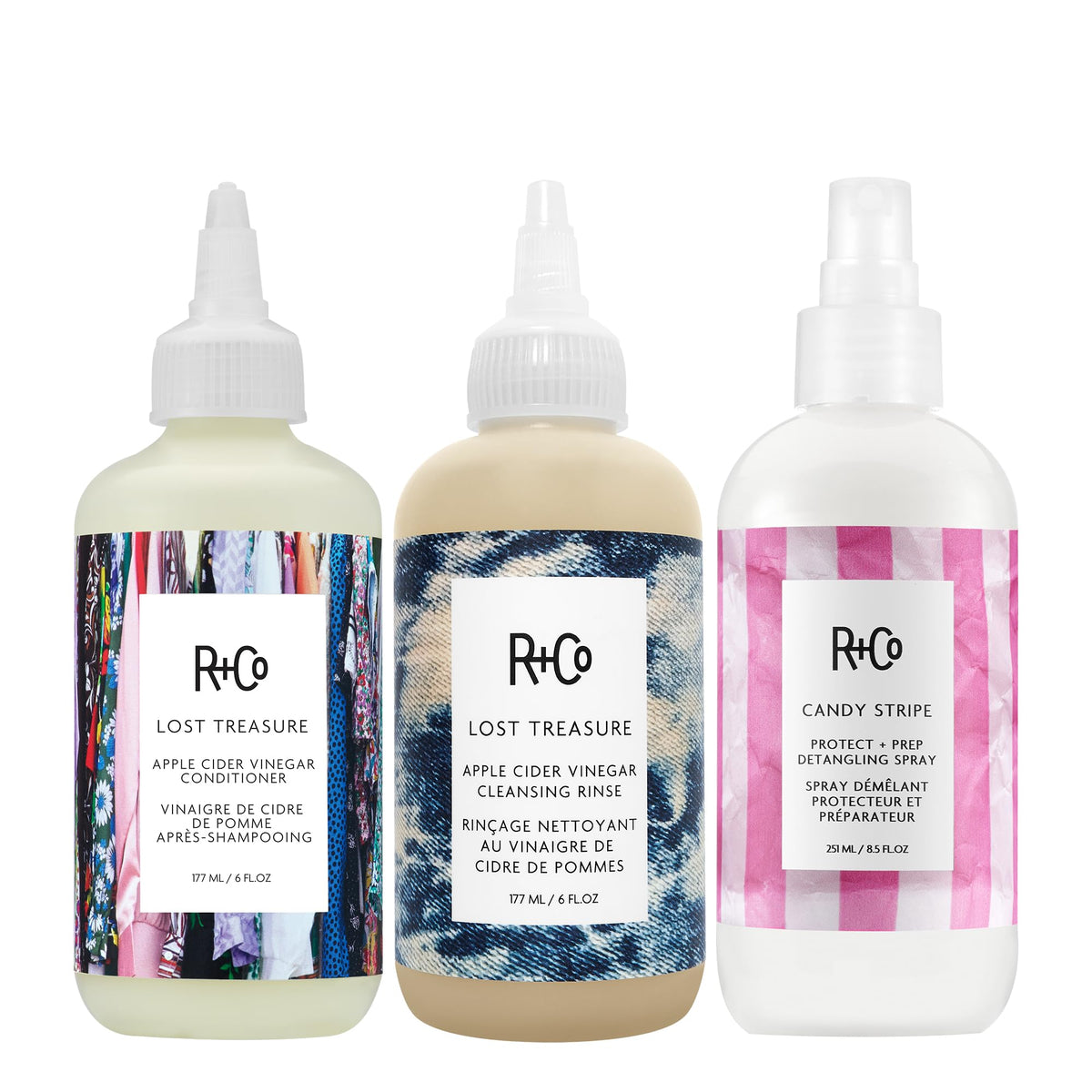 White Smoke R+Co LOST TREASURE Rinse, Conditioner + CANDY STRIPE Detangling Spray