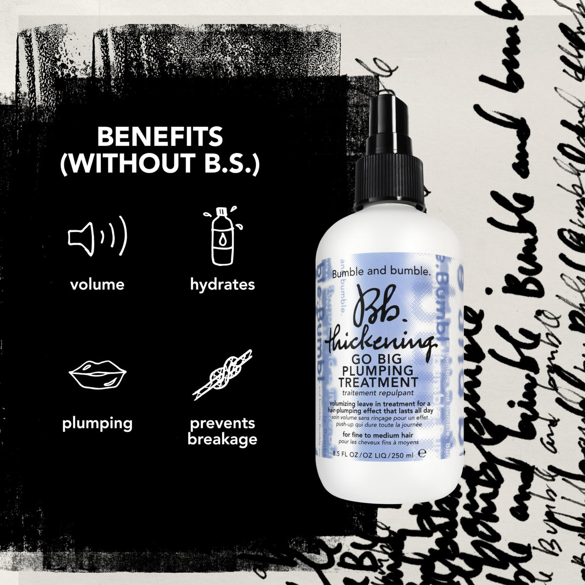Black Bumble and bumble. Thickening Go Big Plumping Hair Treatment Spray | Heat Protection | Softening + Defining | Straight to Wavy, 8.5 Fl Oz