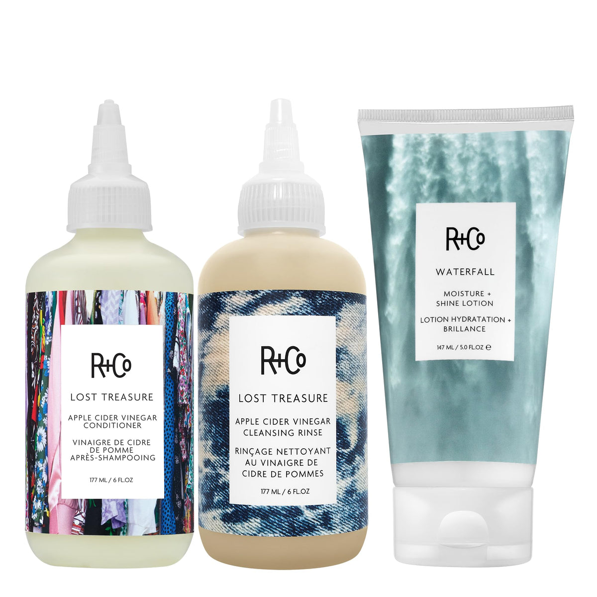 White Smoke R+Co LOST TREASURE Rinse, Conditioner + CANDY STRIPE Detangling Spray
