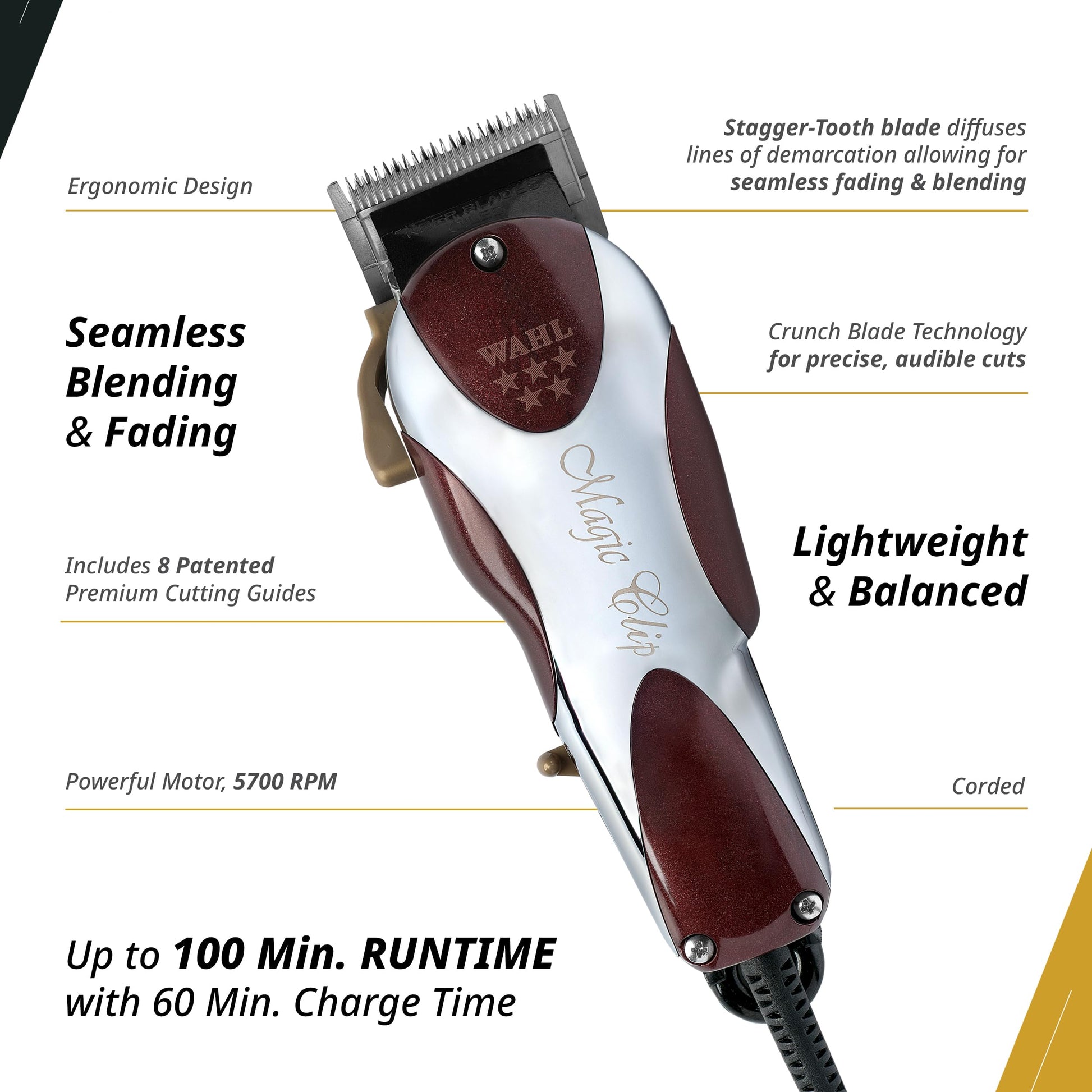 White Smoke Wahl Professional 5 Star Series Magic Clip Corded Clipper Precision Fade Zero Overlap Adjustable Blades V9000 Motor Chrome