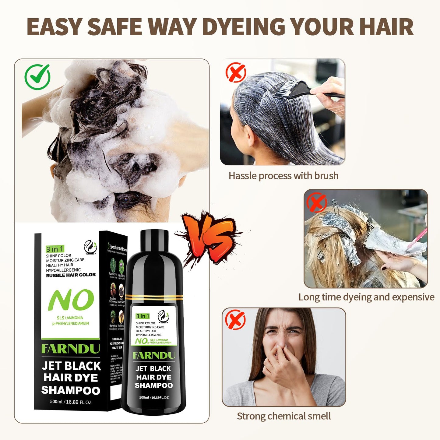 White Smoke Farndu Jet Black Hair Dye Shampoo Ammonia-free & PPD-free, Gray Hair Coverage Natural Herbal 3 in 1 Hair Color Shampoo for Women Men