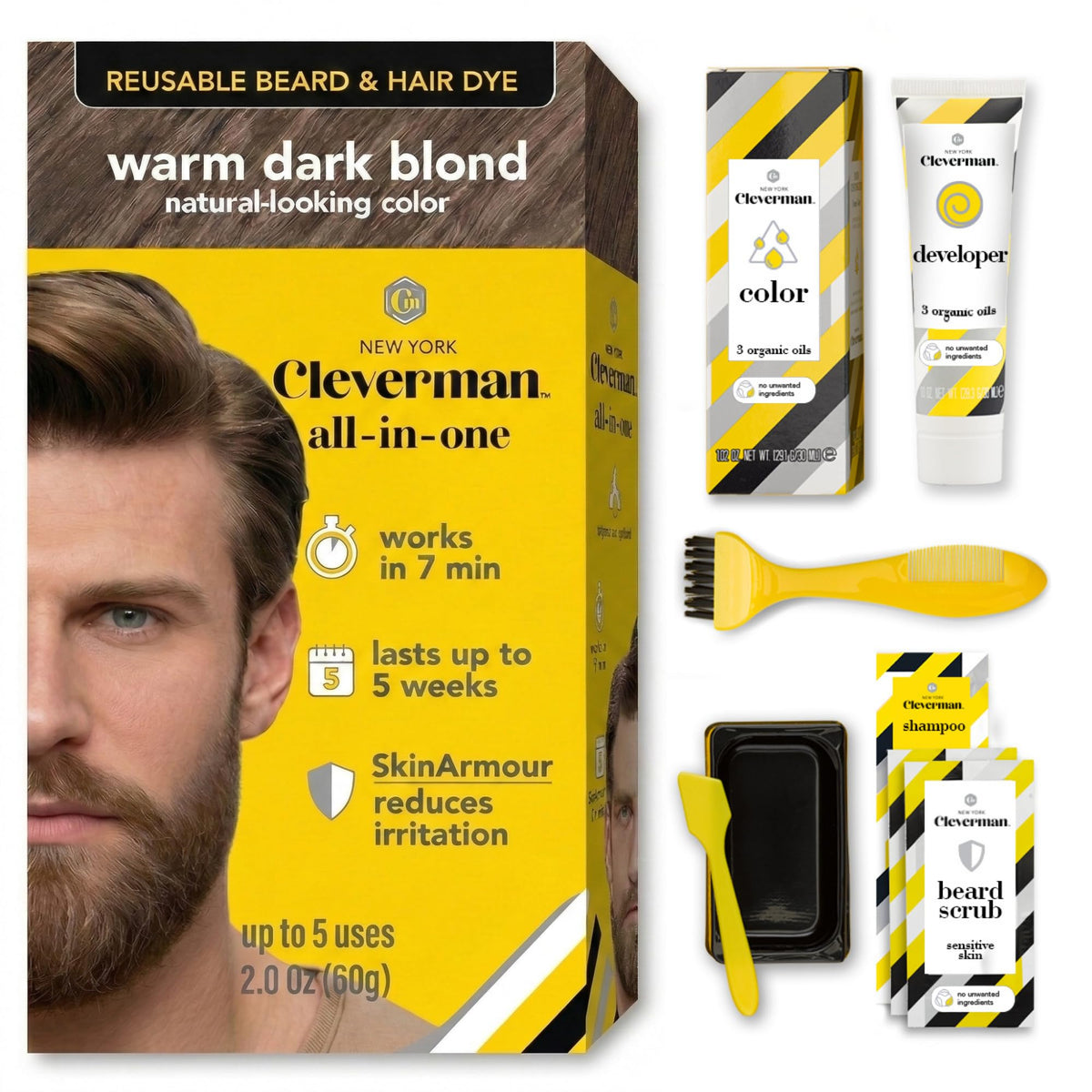 White Smoke Cleverman Hair & Beard Dye for Men, Warm Dark Blond 7.31, Gray Coverage