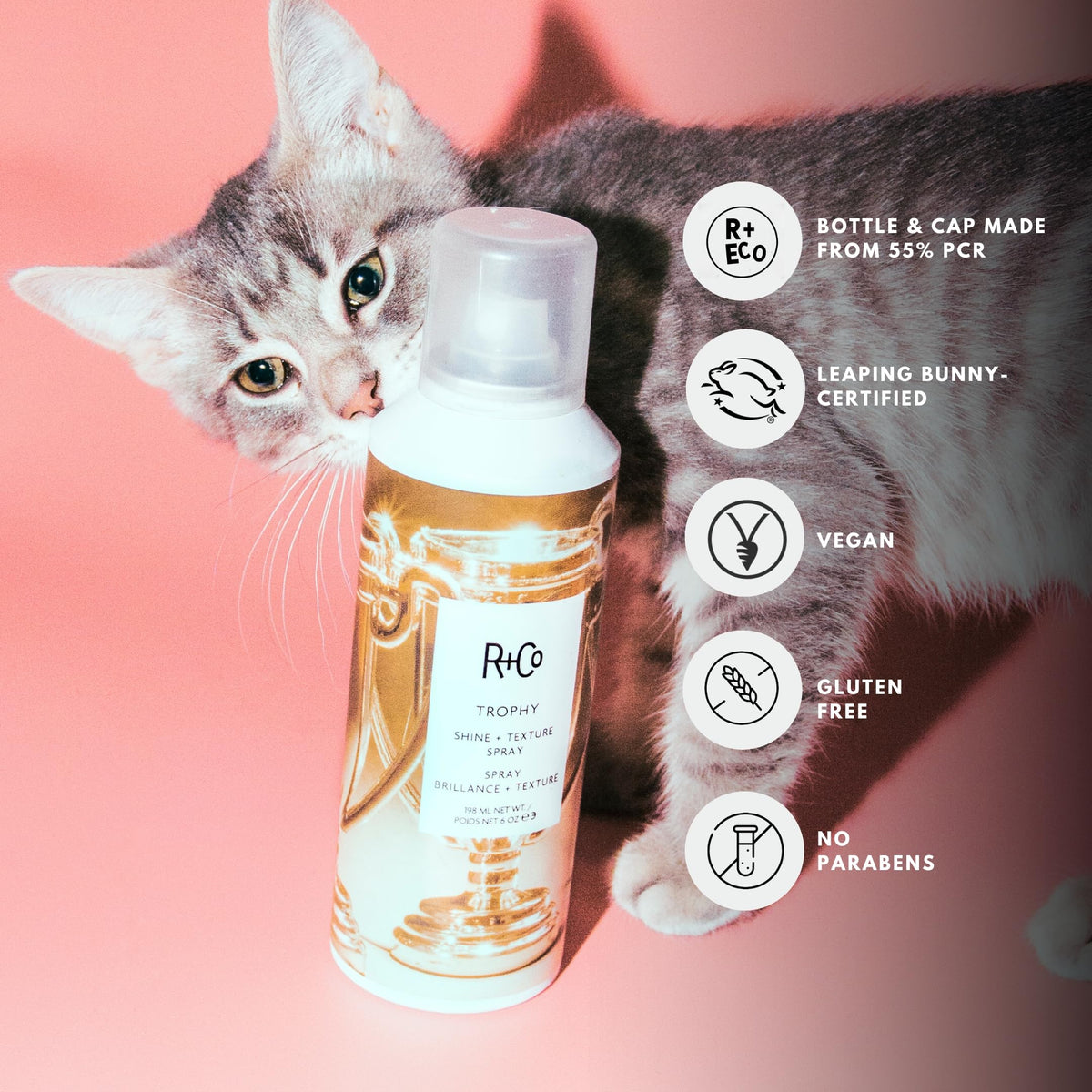 Light Pink R+Co Trophy Shine + Texture Spray, 6 oz