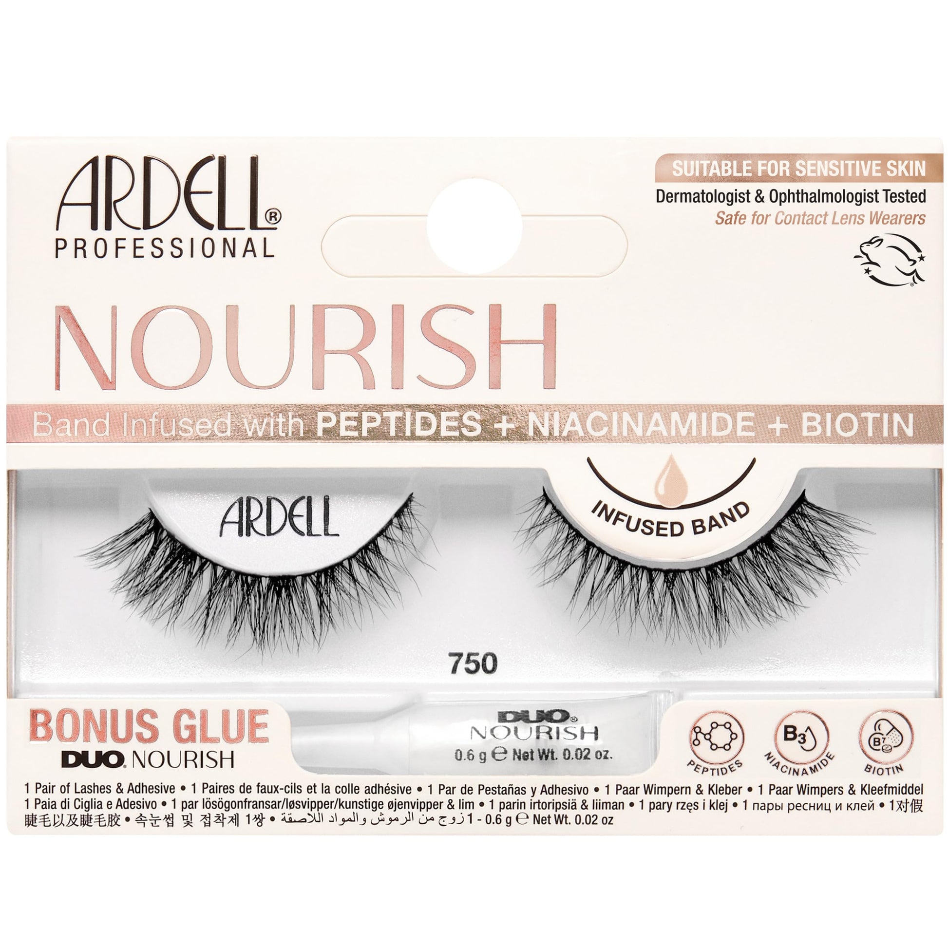 Seashell Ardell Nourish Lashes 750 – Subtle Cat Eye False Eyelashes with Peptides & Biotin Infused Band, Lash Glue Included, Natural Strip Lashes for Sensitive Eyes