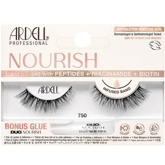 Seashell Ardell Nourish Lashes 750 – Subtle Cat Eye False Eyelashes with Peptides & Biotin Infused Band, Lash Glue Included, Natural Strip Lashes for Sensitive Eyes