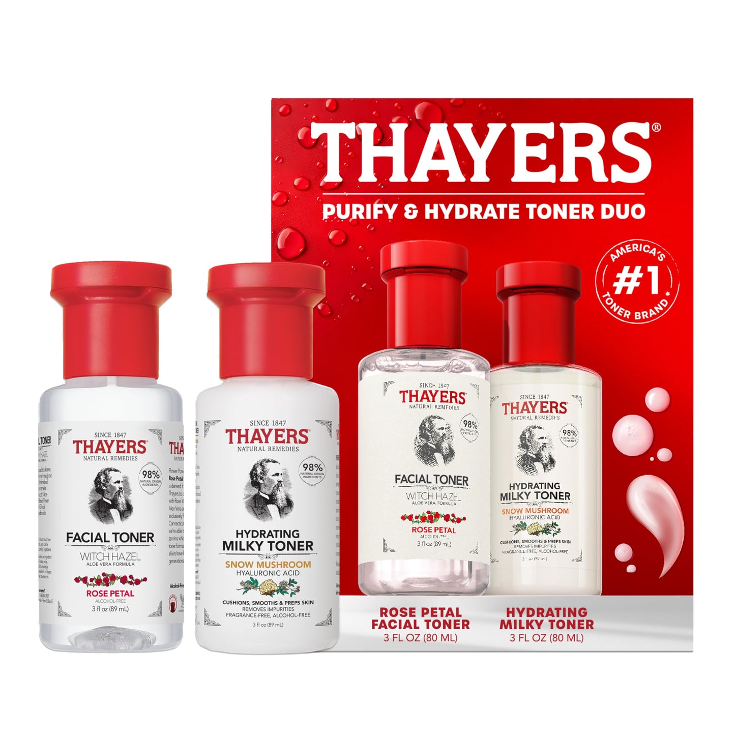 White Smoke Thayers Purify & Hydrate Skin Care Set, Includes Rose Petal Facial Toner to Reduce Pores and Hydrating Milky Toner for 48H Hydration, 1 Skin Care Kit