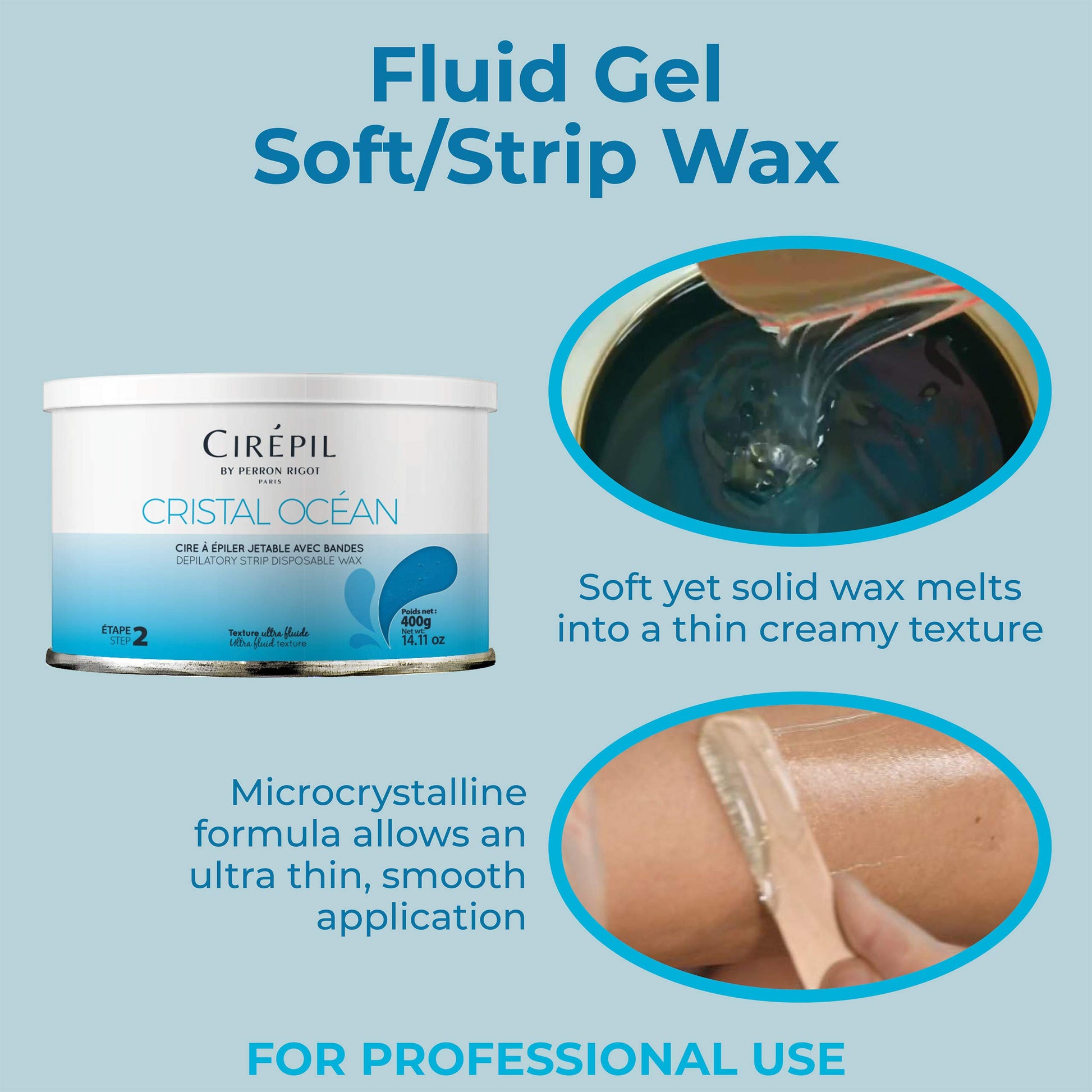 Light Blue Cirepil - Cristal Ocean - 400g / 14.11 oz Soft Wax Tin - Hypoallergenic, Rosin-Free Strip Wax for Sensitive Skin - Unscented Professional Hair Removal Refill for Legs, Arms, and Back