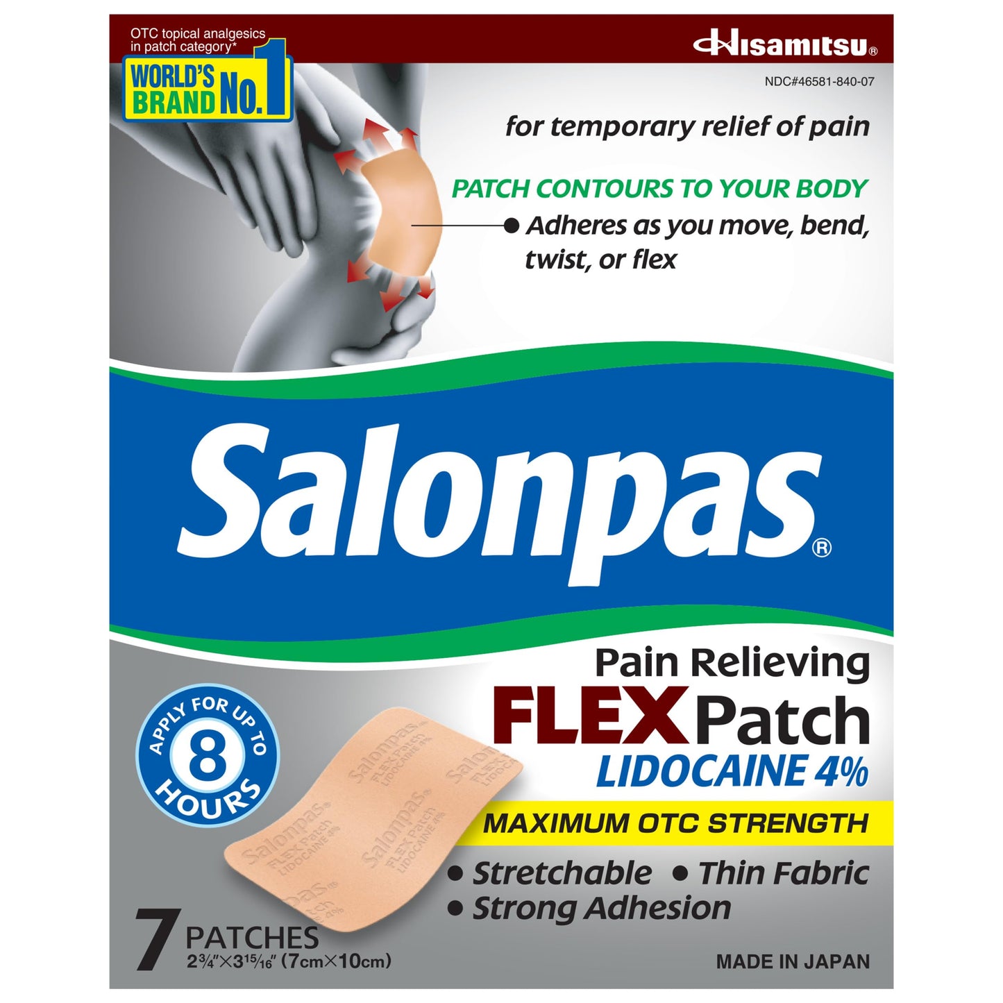 White Smoke Salonpas Maximum OTC Strength Lidocaine 4% Pain Relieving Flex Patch, Apply for Up to 8 Hours, Unscented, Thin, Flexible, Lightweight, Patch Stays in Place, 7 Patches