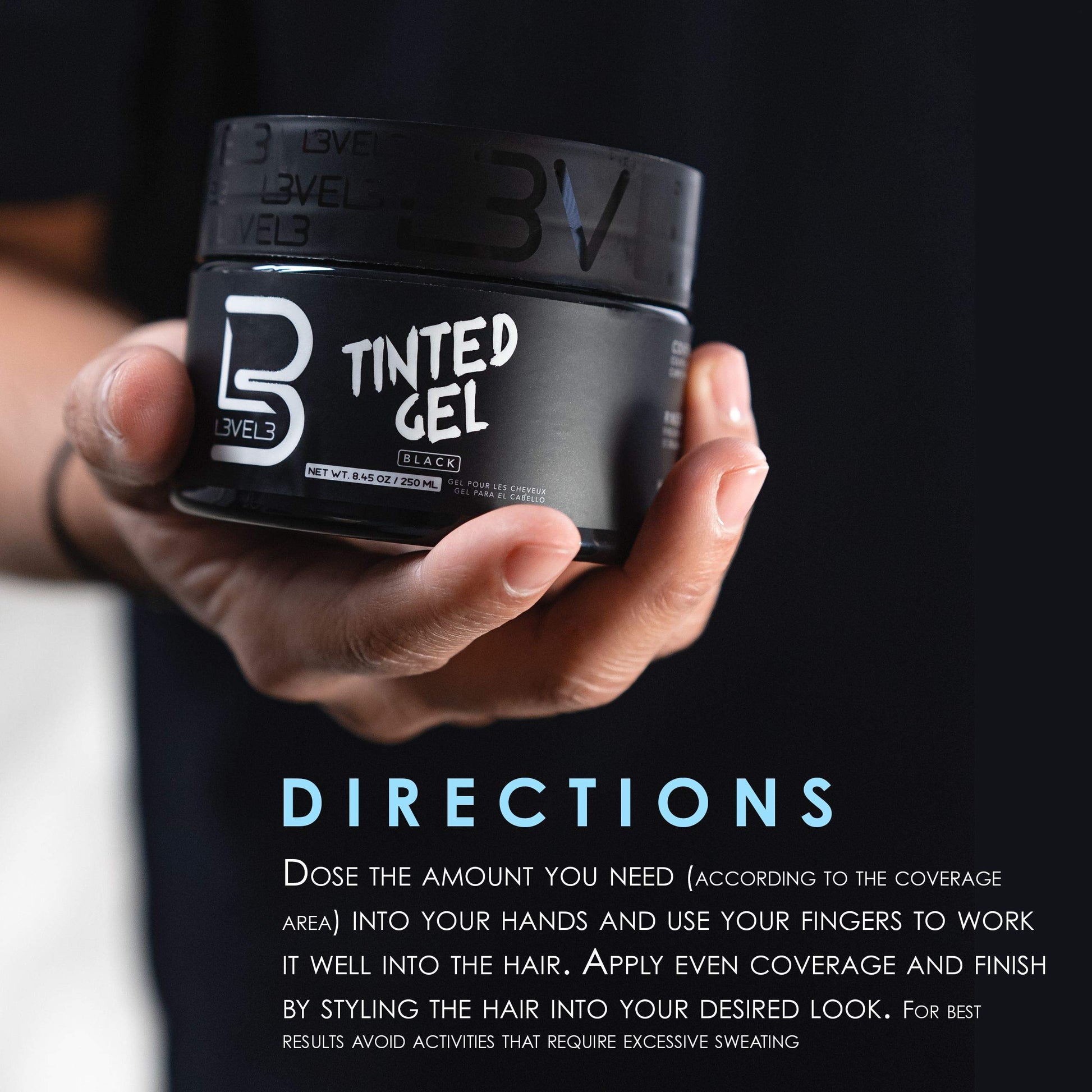 Black L3 Level 3 Black Tinted Hair Gel – Cover Grays Instantly & Style with Strong Hold | Adds Volume, Texture & Shine | Semi-Permanent, Flake-Free Formula