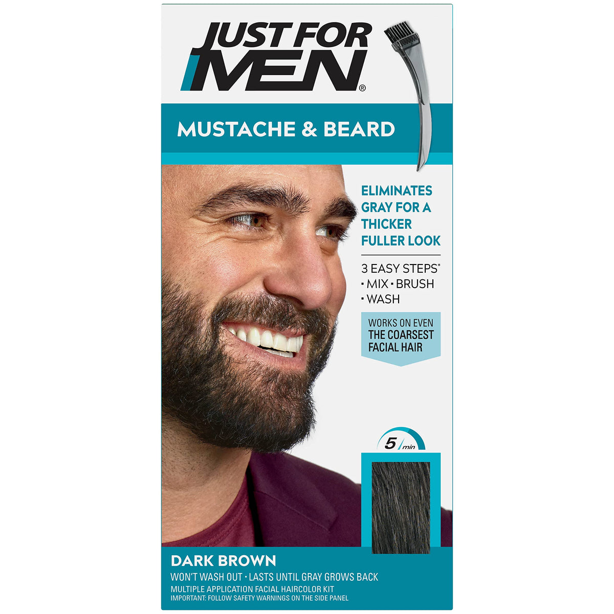 White Smoke Just For Men Moustache & Beard M45 - Dark Brown Black Dye, Eliminates Grey For a Thicker & Fuller Look With An Applicator Brush Included ? M45
