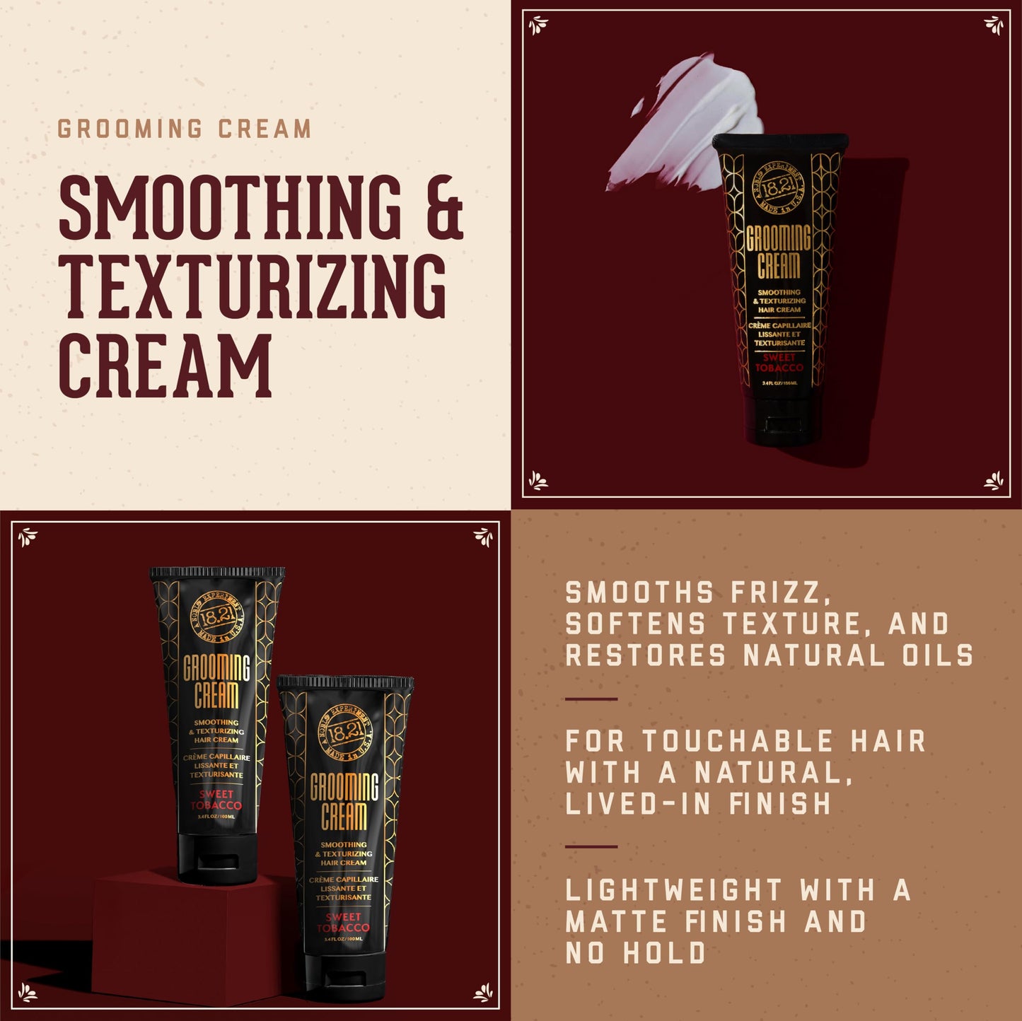 Dark Red 18.21 Man Made - Grooming Hair Smoothing & Texturizing Cream for Men – Frizz Control, Lightweight Styling with Soft Hold & Natural Finish - 3.4 oz