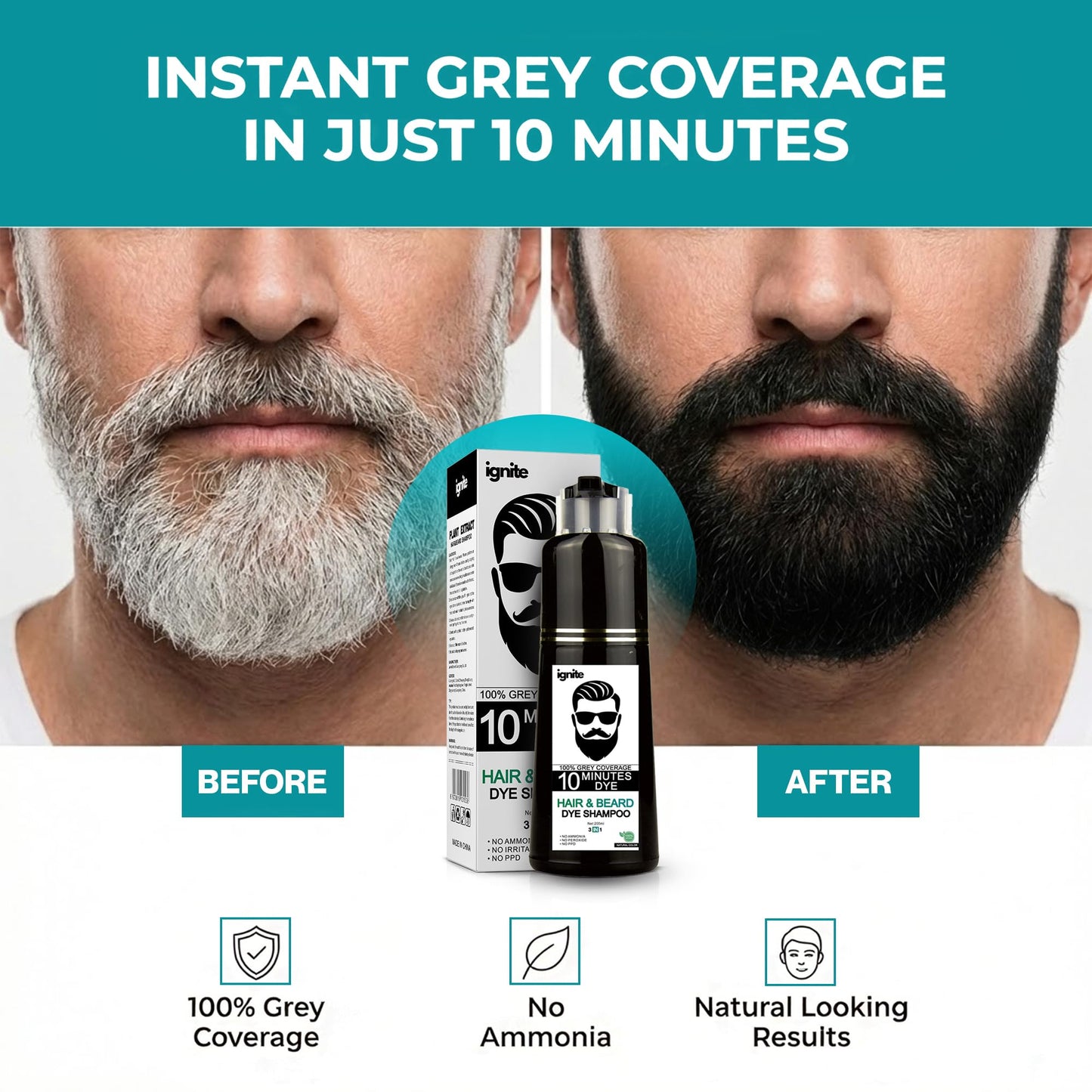 White Smoke Men’s Hair & Beard Dye color Shampoo –100% Grey Hair Coverage – Black Color Dye - Natural Color 3 in 1 Hair Beard mustache Color